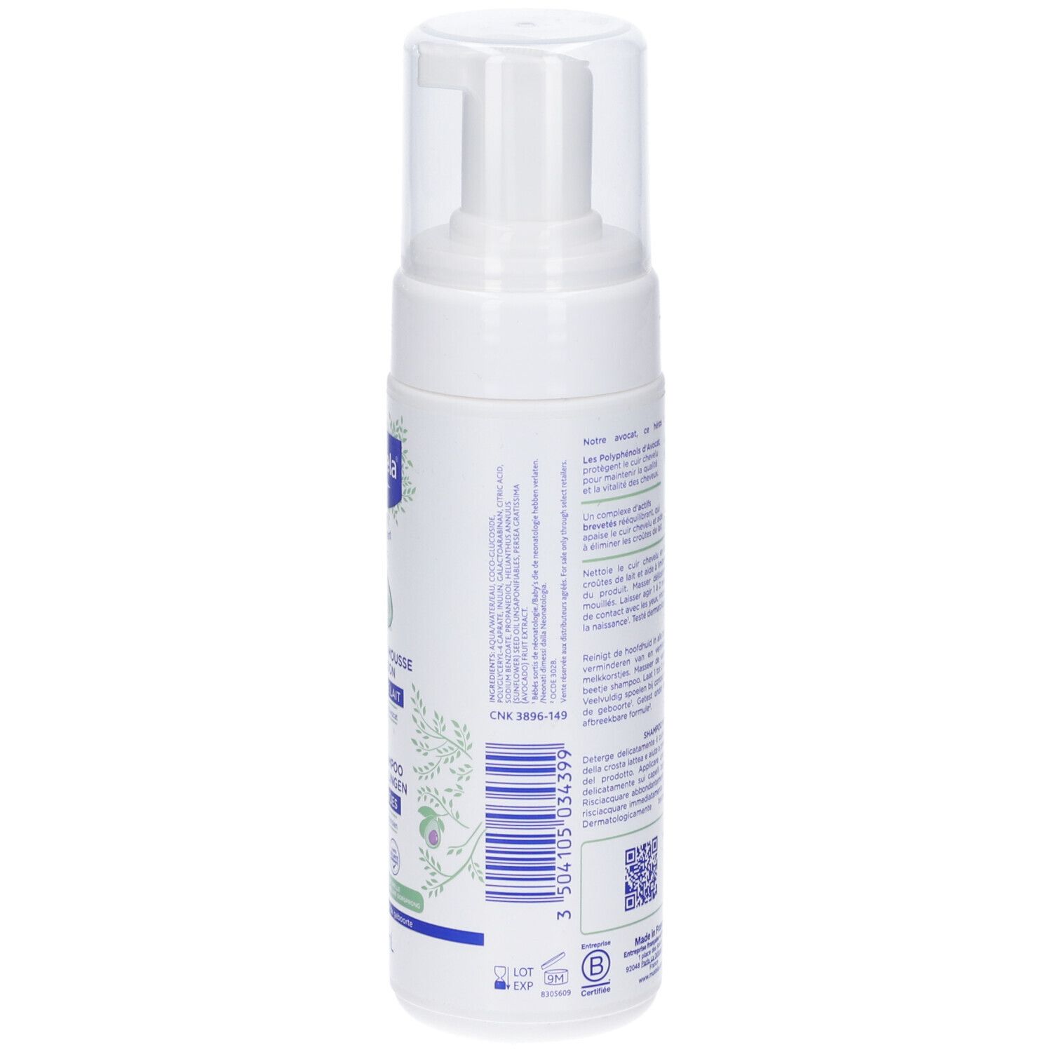 Retro del flacone di shampoo Mustela®. Testo multilingue. Codice a barre e codice QR.