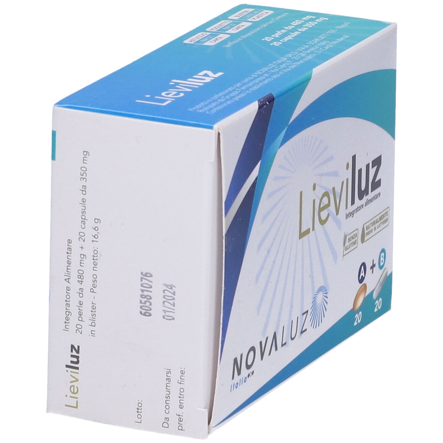 Vista obliqua della confezione Lieviluz. Contiene 20 perle e 20 capsule. Scadenza 01/2024.