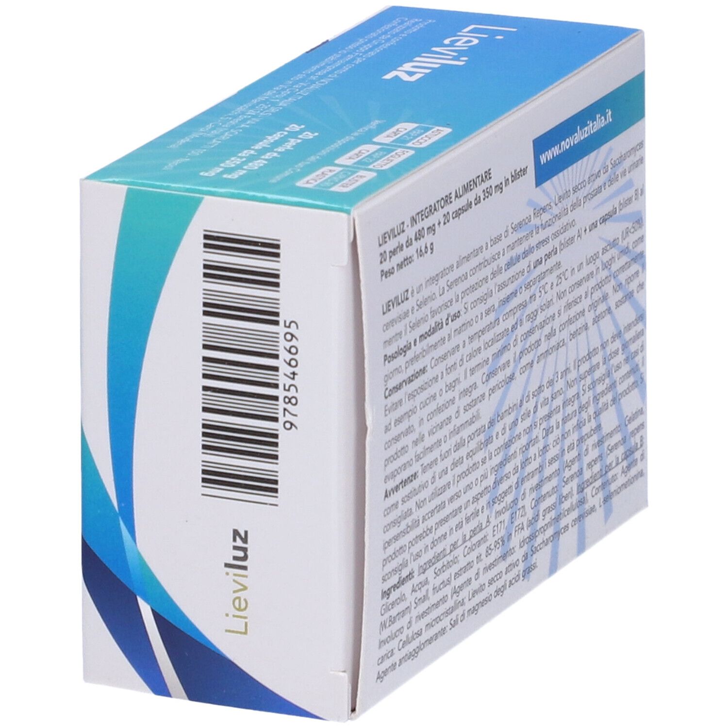 Vista laterale della confezione Lieviluz con testo. Contiene 20 perle e 20 capsule. Marchio Novaluz Italia.