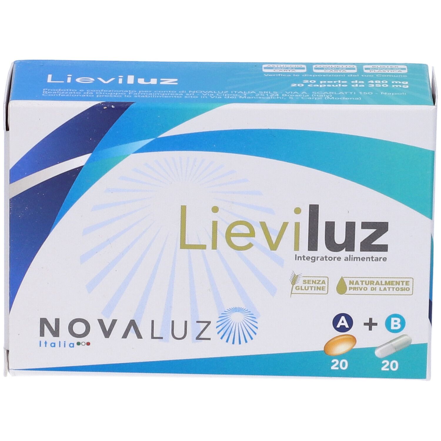Scatola Lieviluz, 20 perle e 20 capsule. Marchio Novaluz Italia. Senza glutine e lattosio.