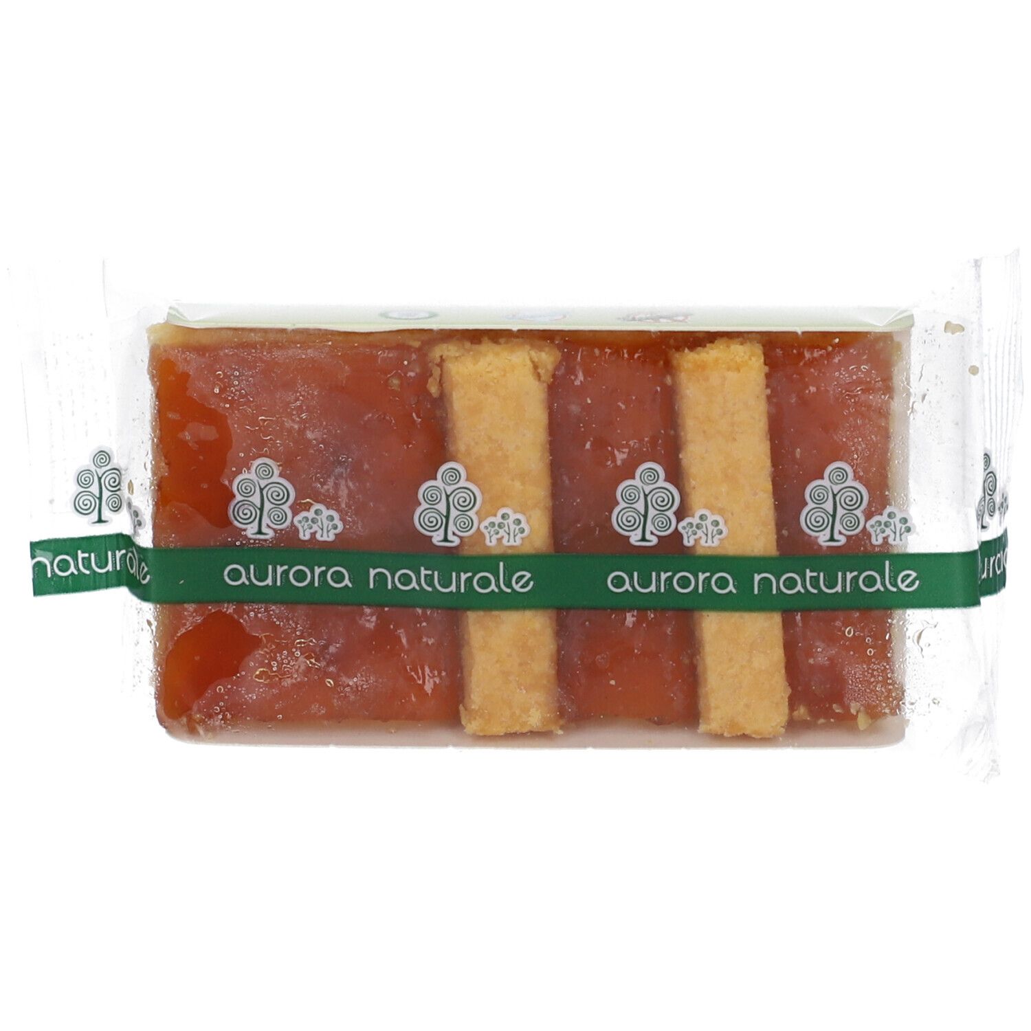 Crostata confezionata con fascia verde. Scritta: Aurora Naturale. Ripieno e strisce visibili.