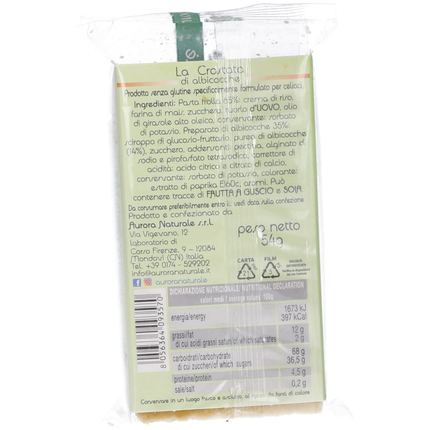 Retro della confezione crostata. Testo con ingredienti e informazioni nutrizionali. Peso netto: 54g.