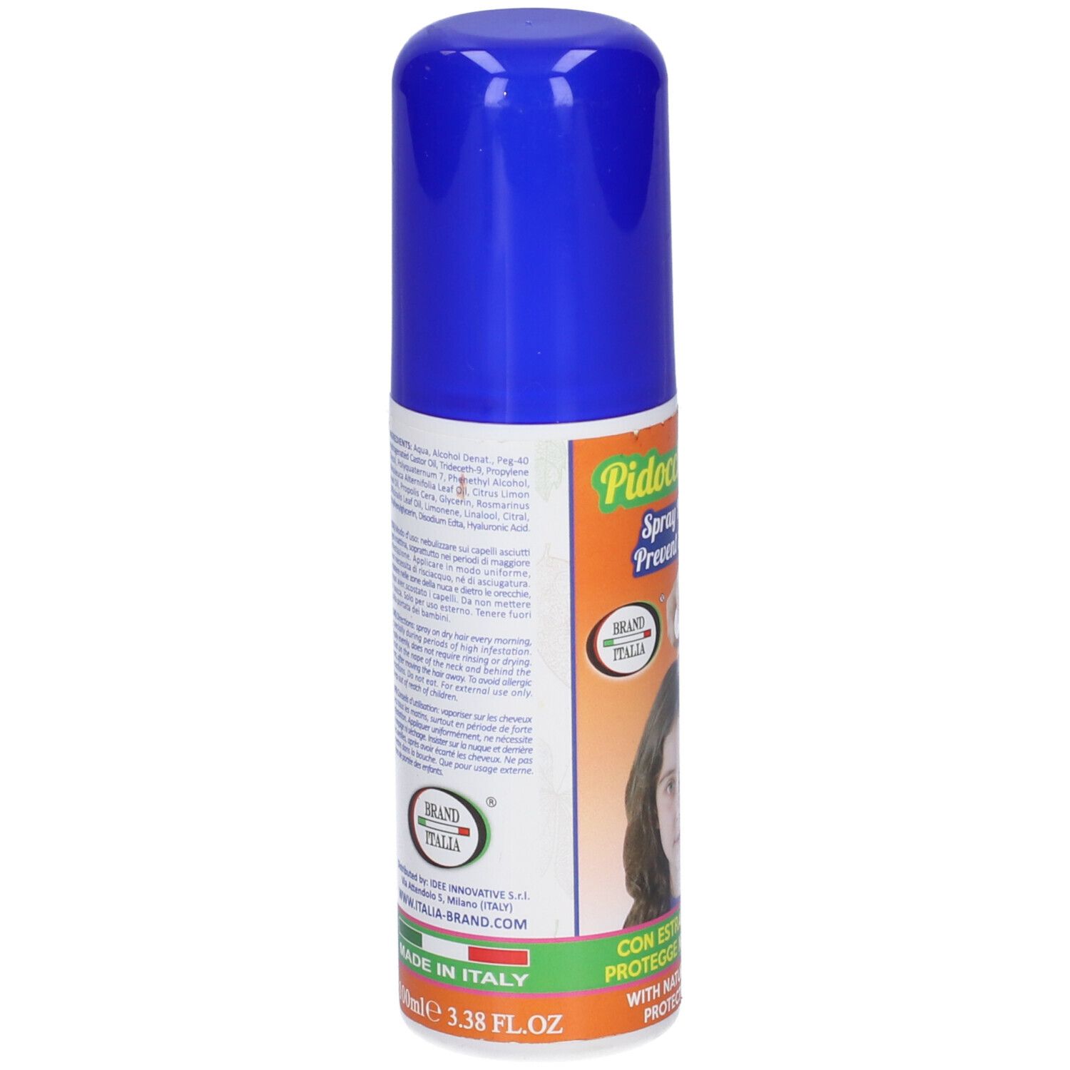 Flacone spray blu. Scritta: Pidocchi GO! Spray Preventivo. Retro con testo e logo.