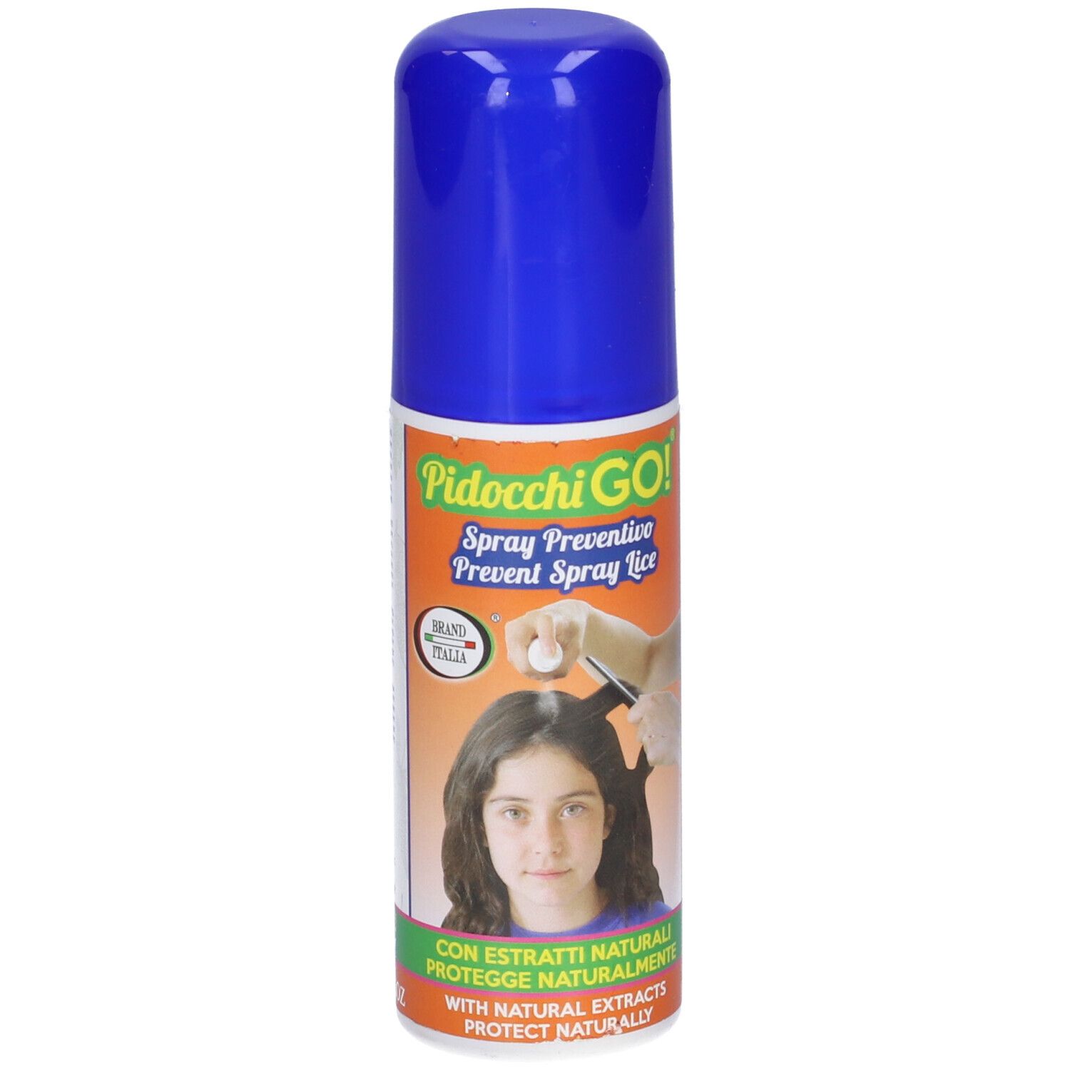 Flacone spray blu. Scritta: Pidocchi GO! Spray Preventivo. Immagine di una persona con un pettine.