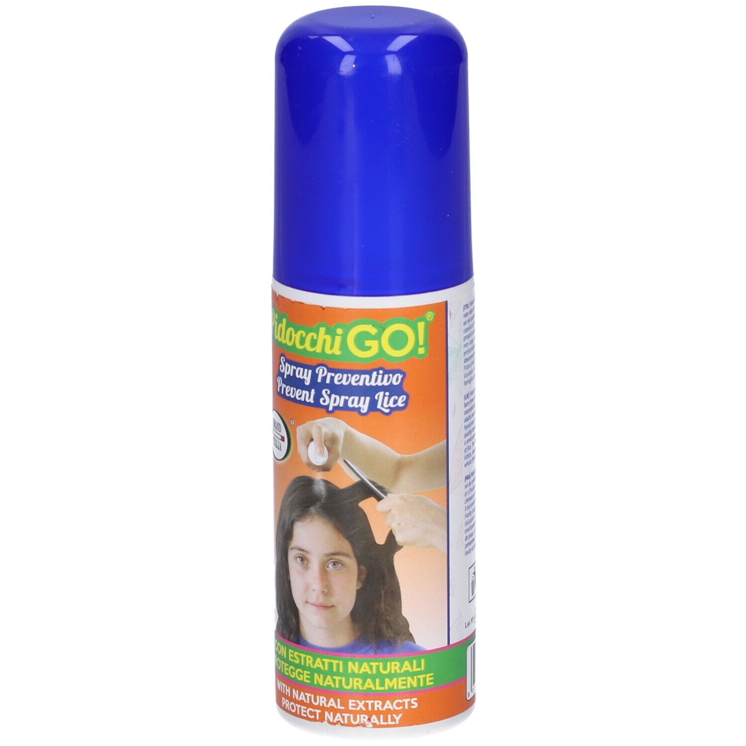 Flacone spray blu. Scritta: Pidocchi GO! Spray Preventivo. Immagine di una persona con un pettine.