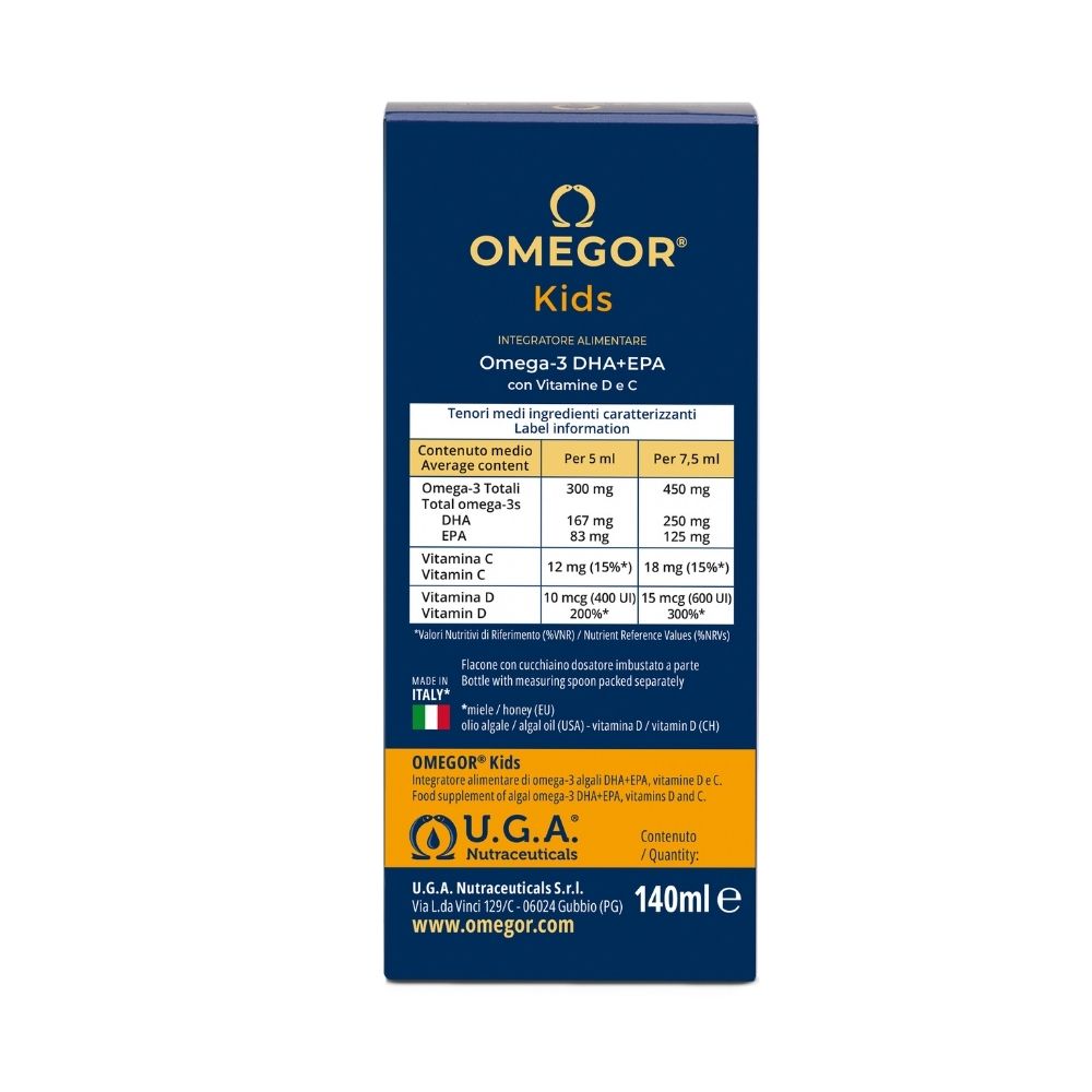 Retro confezione Omegor Kids: Informazioni nutrizionali, ingredienti e origine.