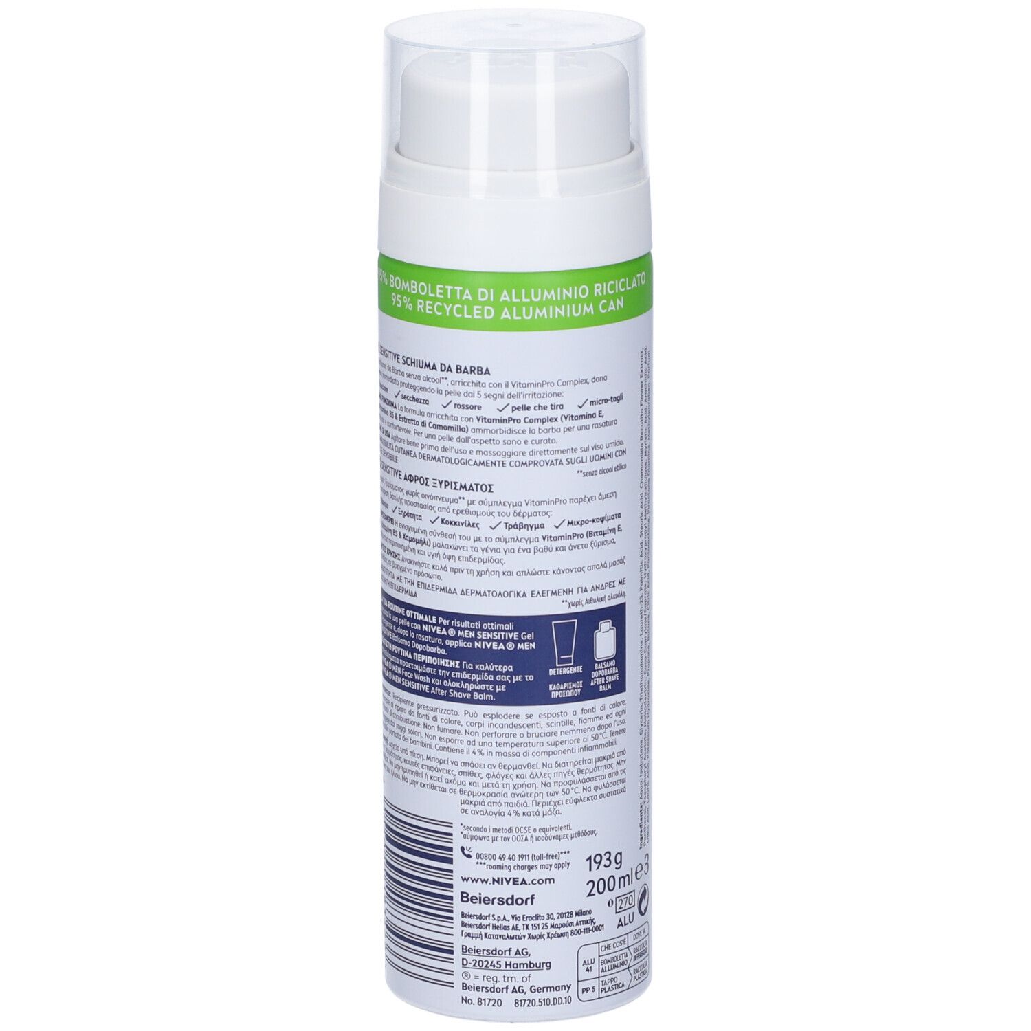 Schiuma da barba NIVEA MEN Sensitive. Retro del flacone con testo. Bomboletta in alluminio riciclato al 99%.