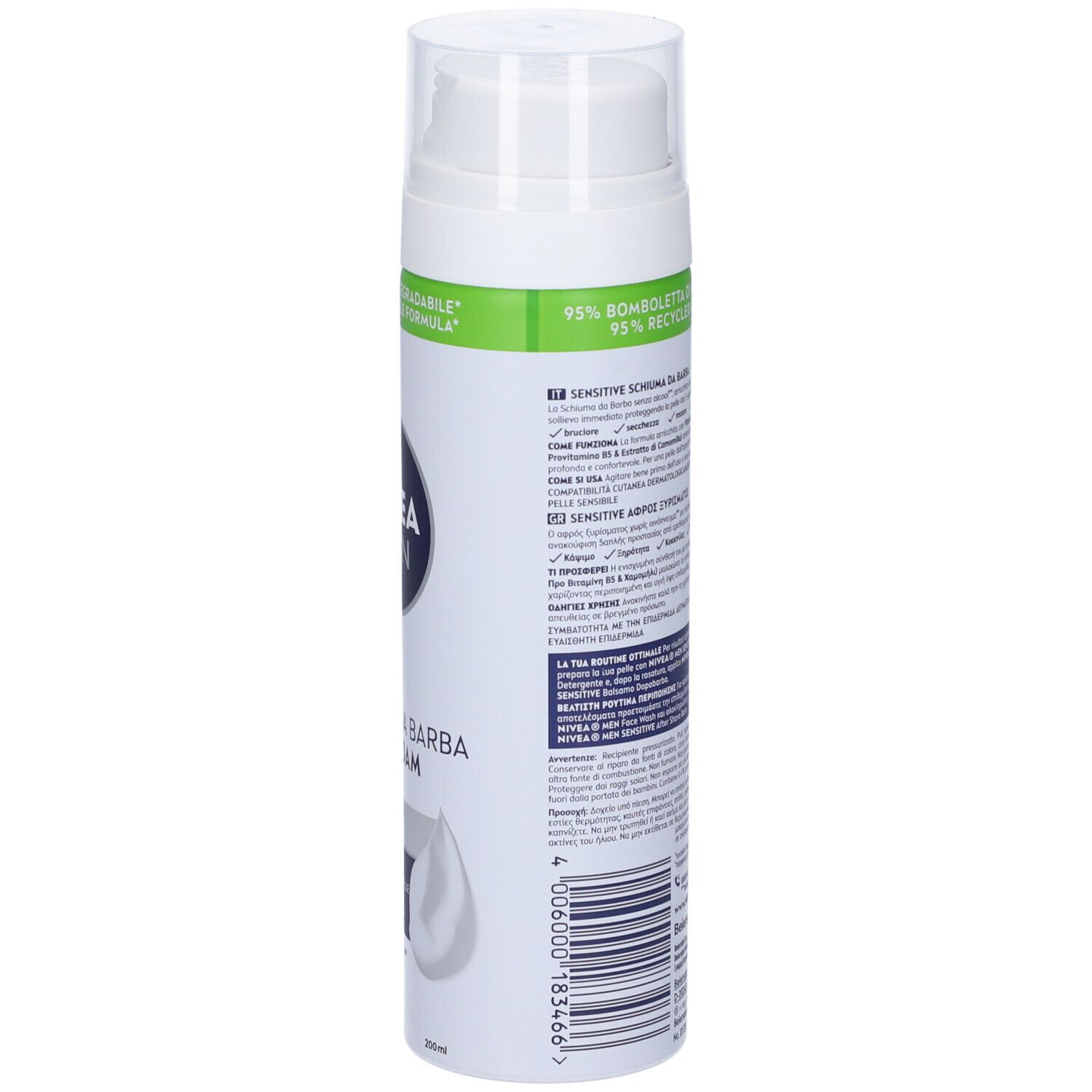 Schiuma da barba NIVEA MEN Sensitive. Flacone bianco con logo blu. Formula biodegradabile al 99%.