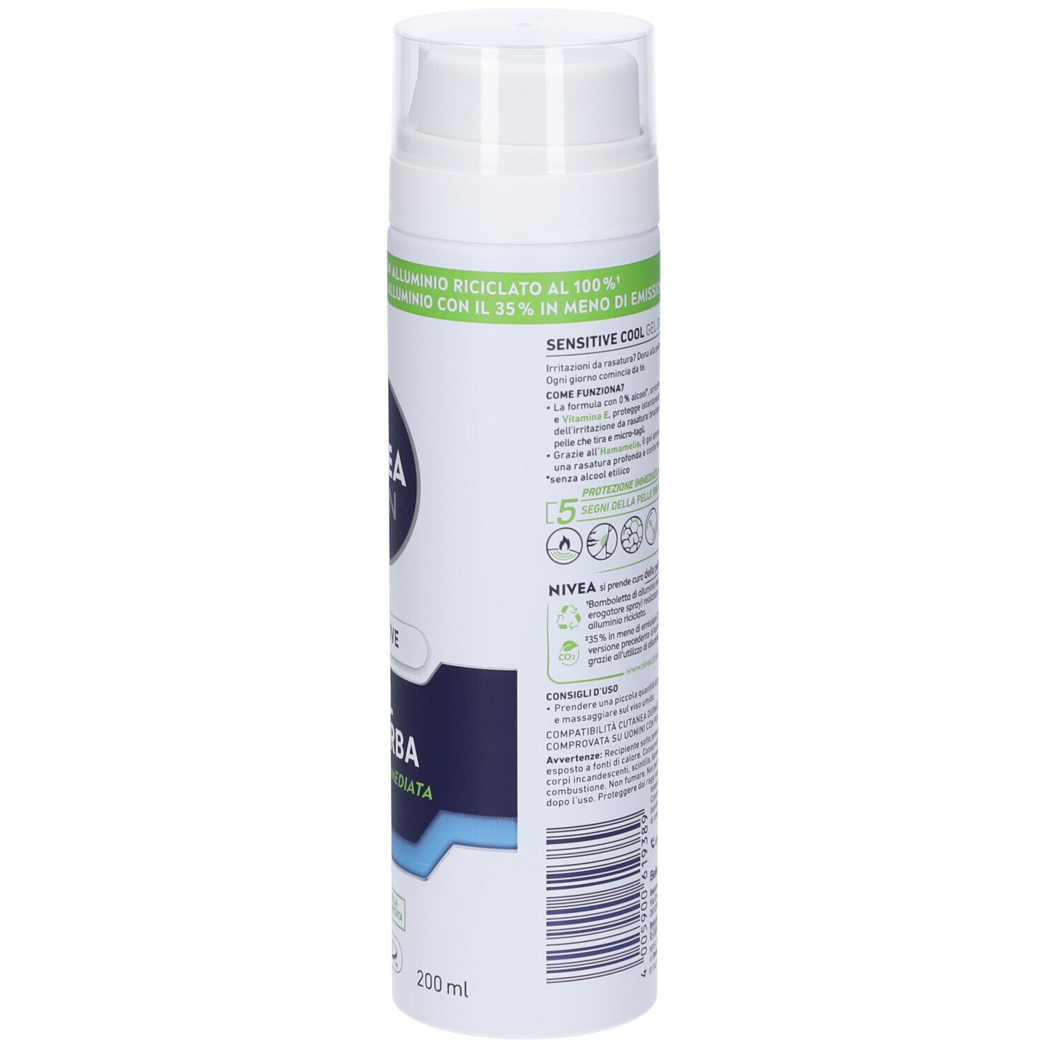Flacone di gel da barba NIVEA MEN Sensitive. Bianco, etichetta blu e verde. Testo: 0% alcool, Gel da Barba, 200ml.