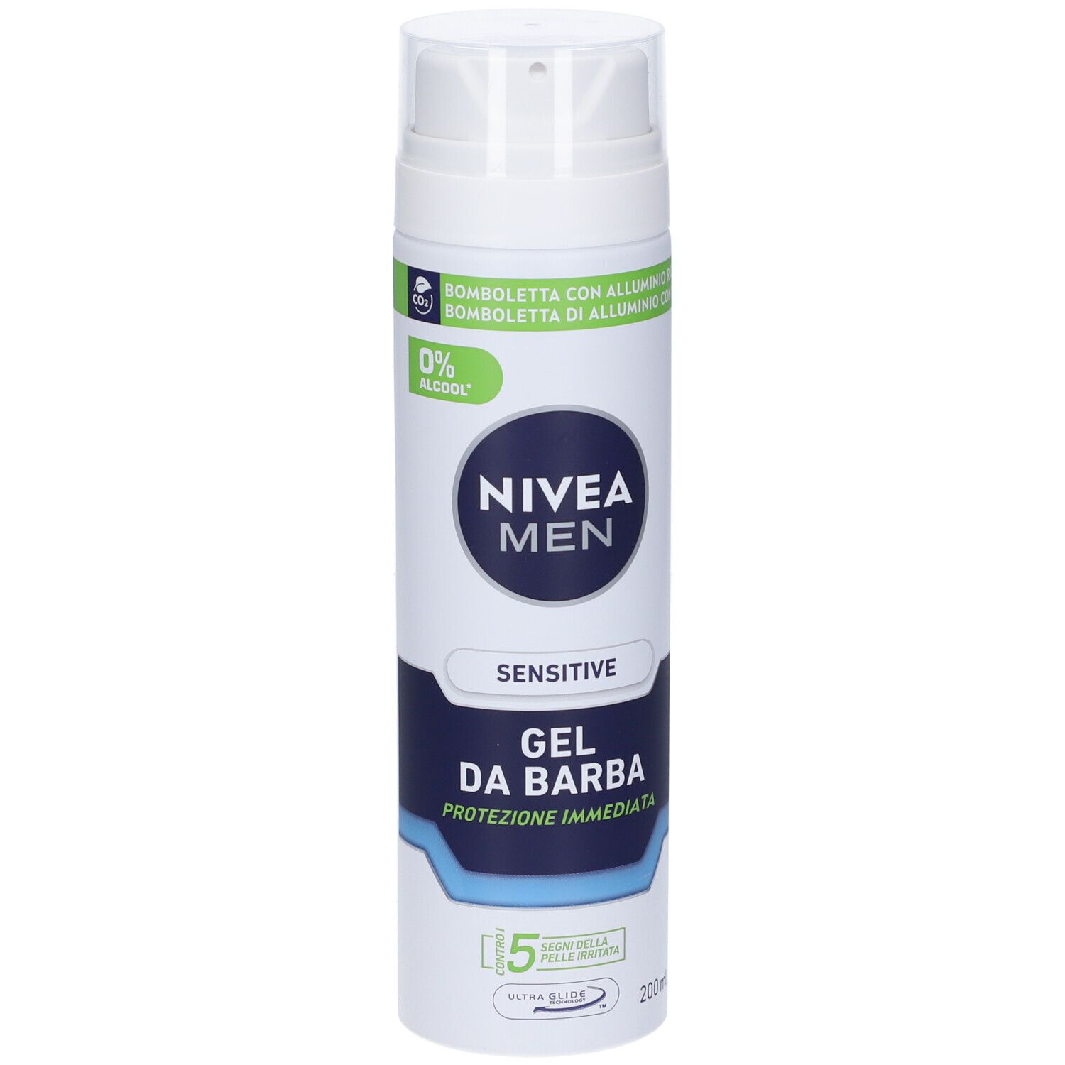 Flacone di gel da barba NIVEA MEN Sensitive. Bianco, etichetta blu e verde. Testo: 0% alcool, Gel da Barba, 200ml.