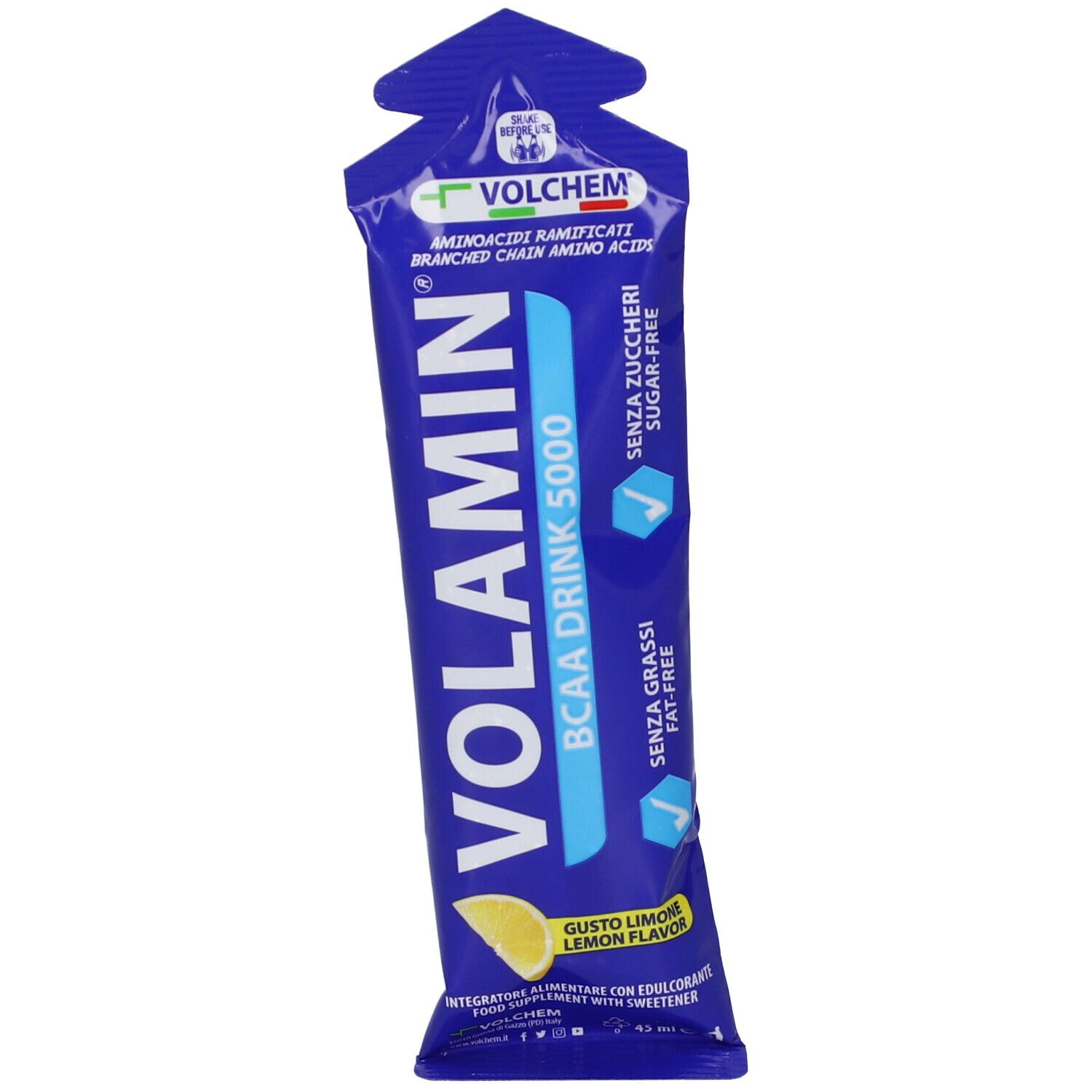 Busta blu Volamin Drink 5000. Testo: BCAA Drink 5000, gusto limone, senza zucchero, senza grassi. Marchio: VOLCHEM.