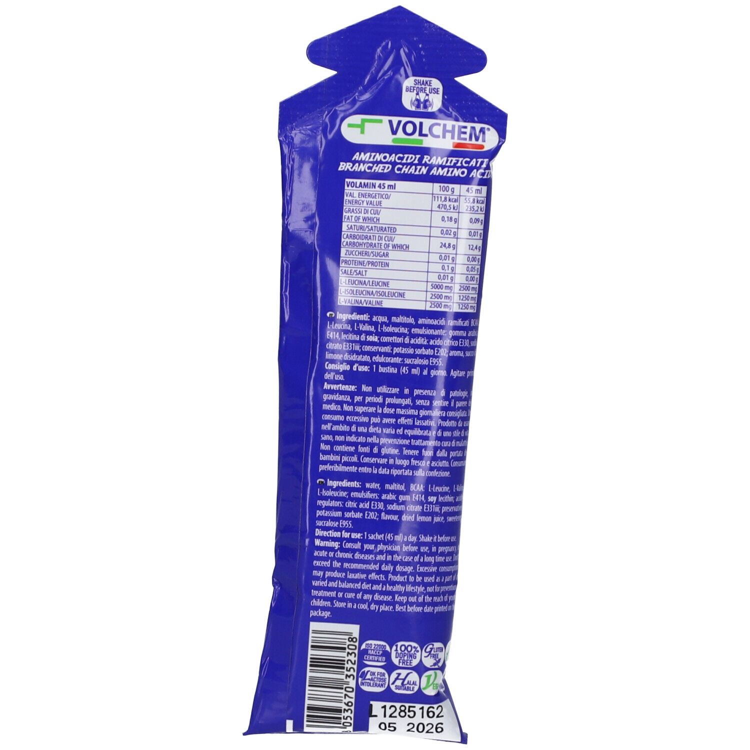 Retro della busta blu Volamin Drink 5000. Testo e informazioni nutrizionali. Marchio: VOLCHEM.