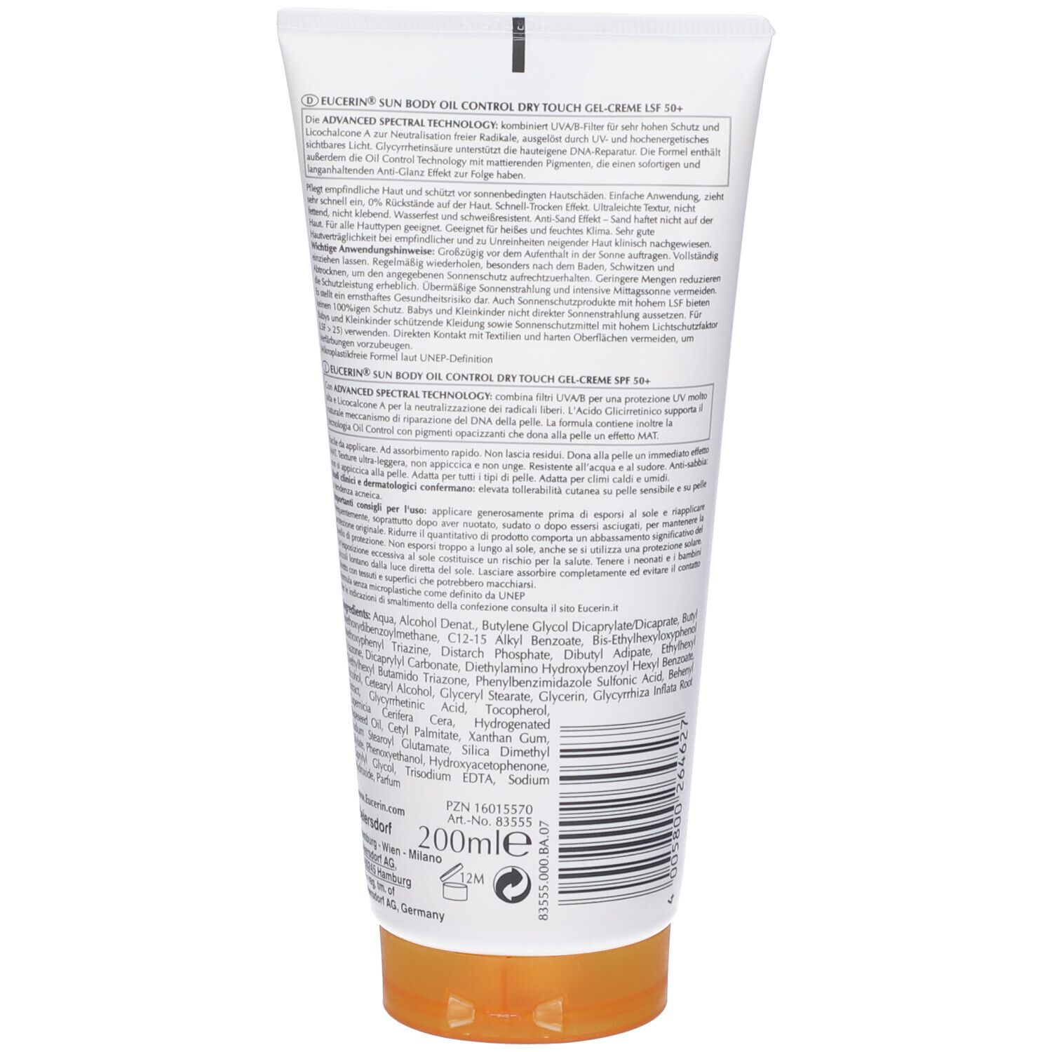 Retro della Eucerin Protezione Solare Gel-Crema Oil Control SPF 50+. Contiene elenco ingredienti e istruzioni per l'uso. 200ml.