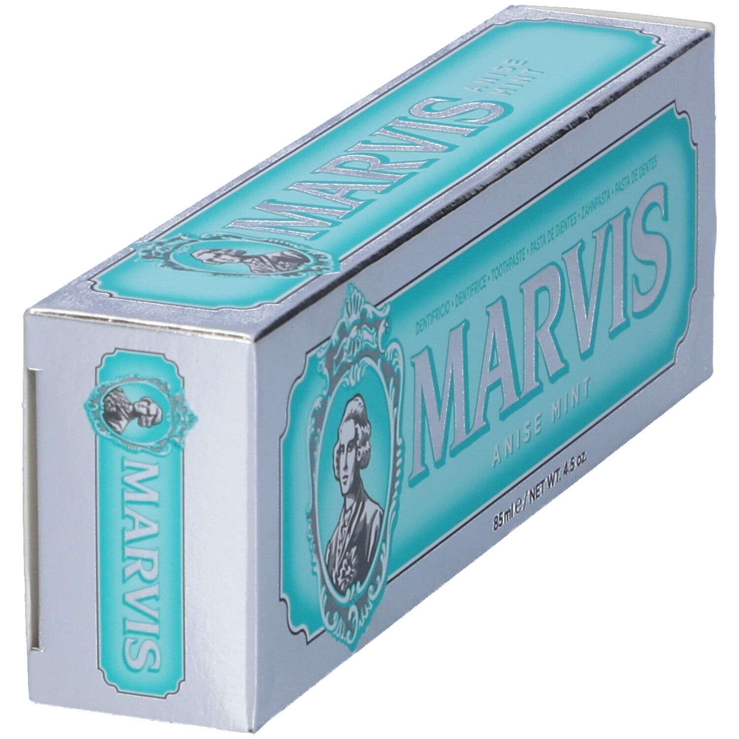 Scatola argentata inclinata di dentifricio "MARVIS Anise Mint". Scritta turchese e ritratto.