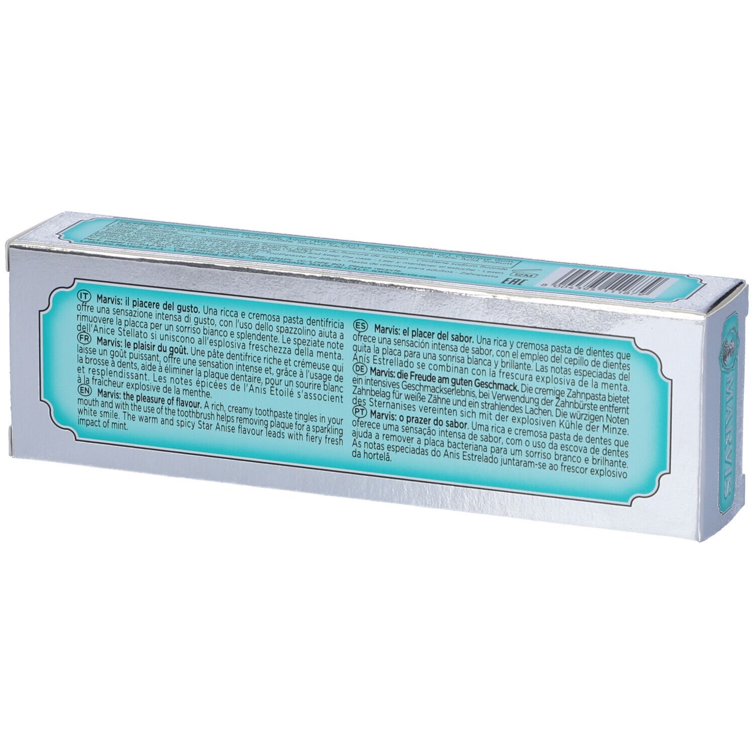 Retro della scatola argentata di dentifricio "MARVIS Anise Mint". Testo multilingue.