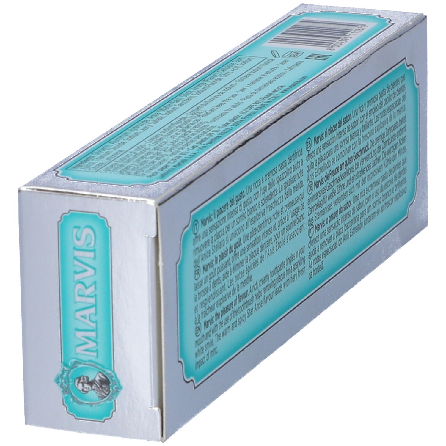 Retro inclinato della scatola argentata di dentifricio "MARVIS Anise Mint". Testo e codice a barre.