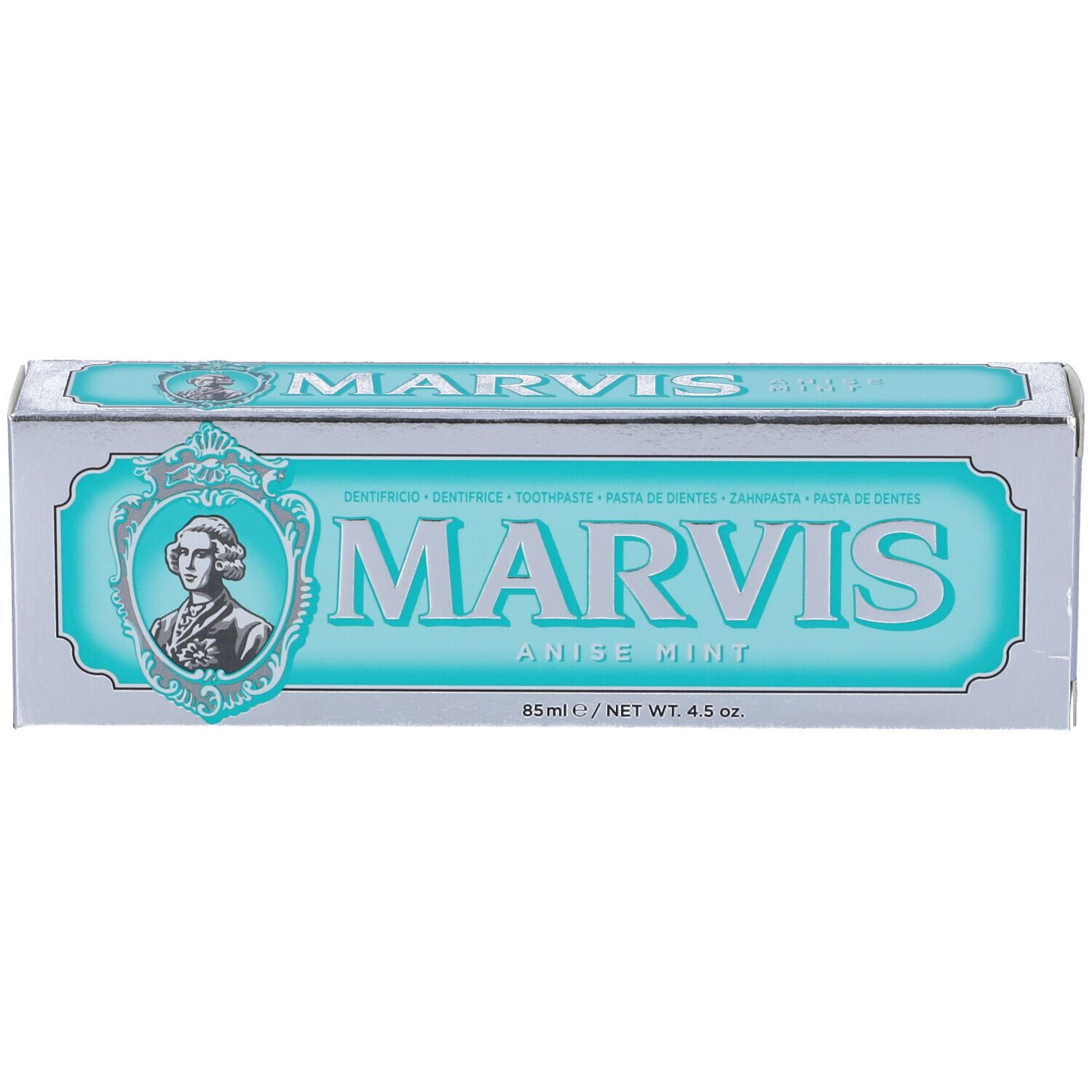 Scatola argentata di dentifricio "MARVIS Anise Mint". Scritta turchese e ritratto. 85ml/4.5 oz.