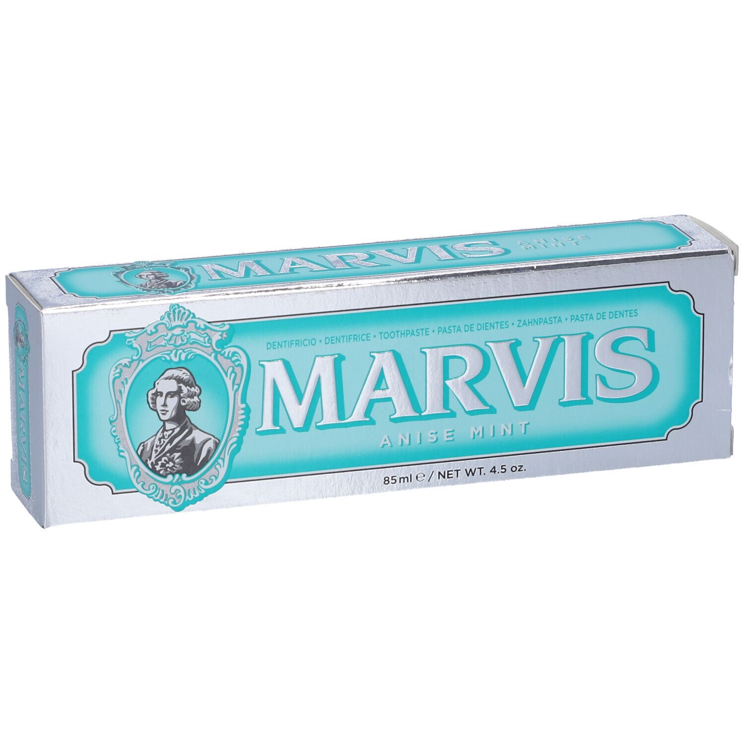 Scatola argentata di dentifricio "MARVIS Anise Mint". Scritta turchese e ritratto. 85ml/4.5 oz.