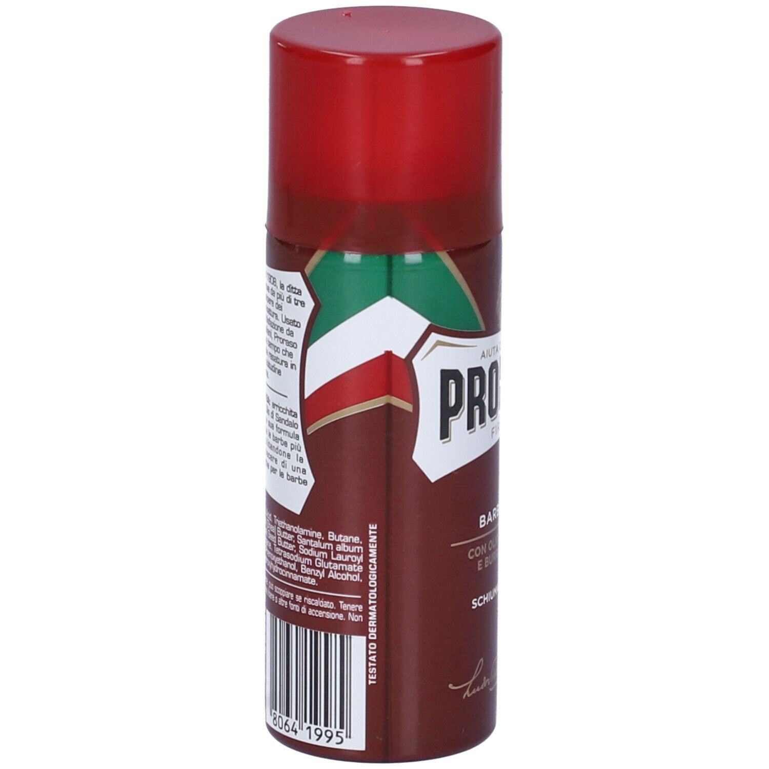 Bomboletta spray marrone con tappo rosso. Scritta: Proraso. Retro con testo e codice a barre. Testato dermatologicamente.