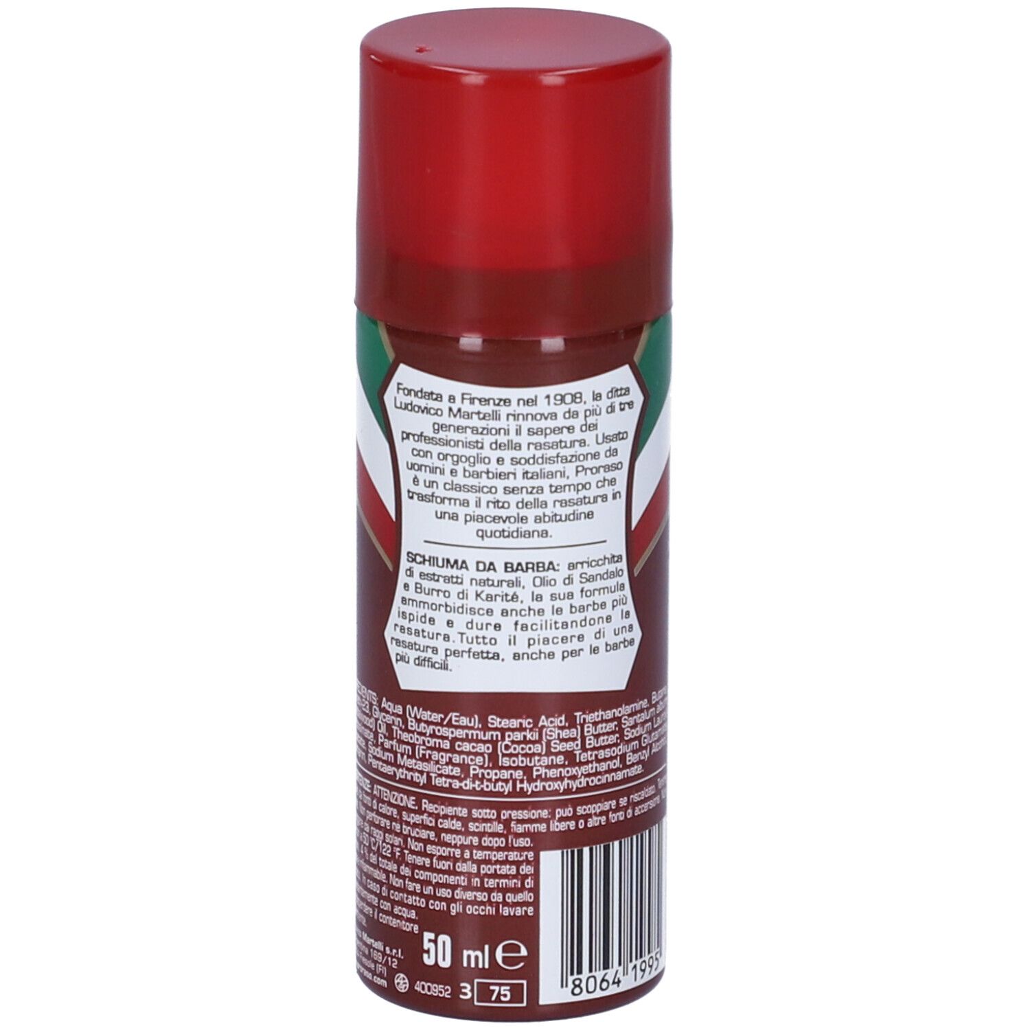 Bomboletta spray marrone con tappo rosso. Scritta: Schiuma da Barba. Testo in italiano. Volume: 50 ml. Codice a barre.