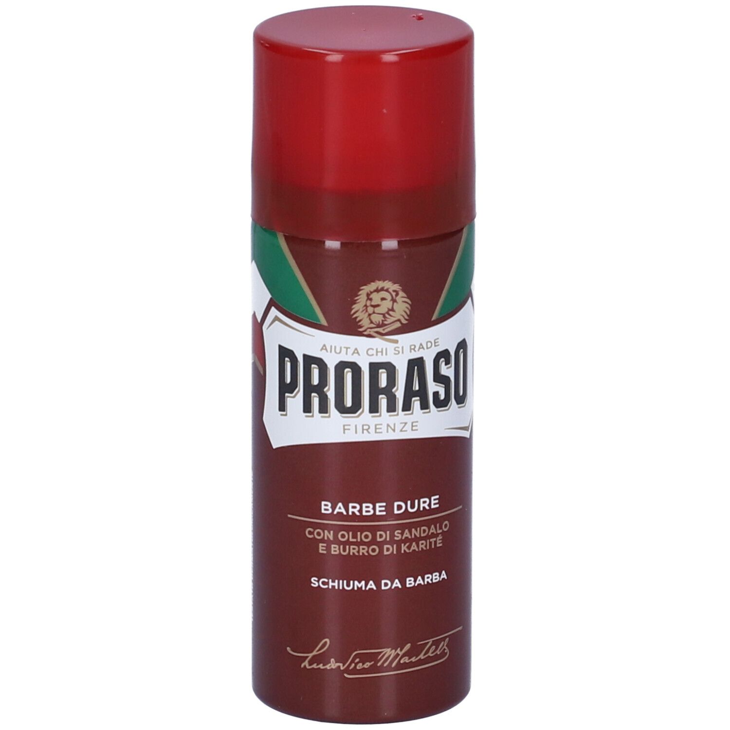 Bomboletta spray marrone con tappo rosso. Scritta: Proraso Firenze, Barbe Dure, Schiuma da Barba. Logo: Leone.