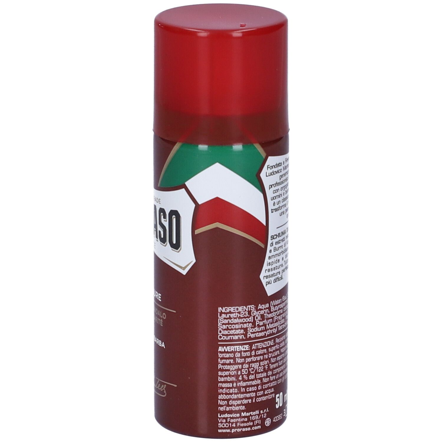 Bomboletta spray marrone con tappo rosso. Scritta: Proraso, Barbe Dure, Schiuma da Barba. Testo e ingredienti in italiano.