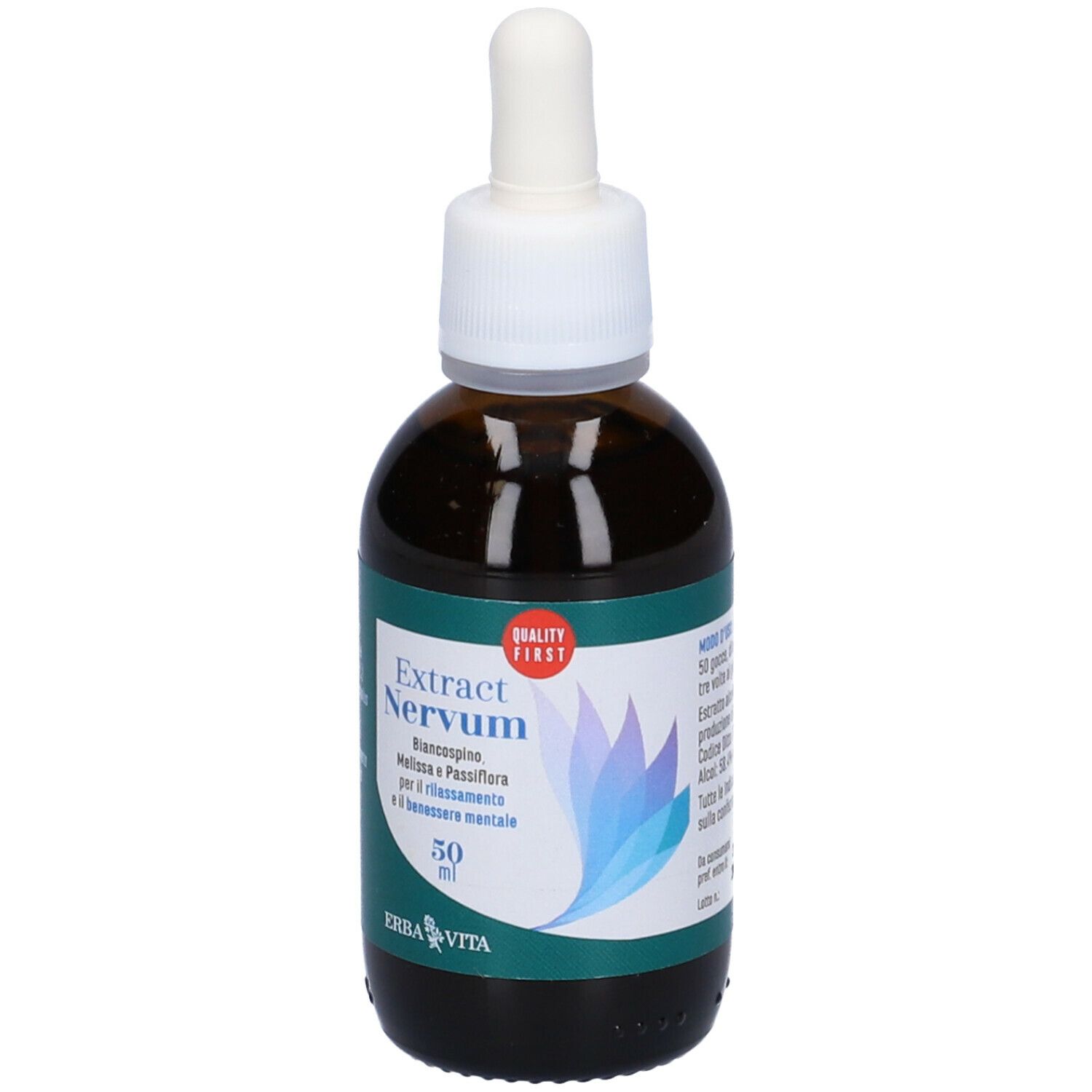 Flacone di vetro marrone con contagocce. Scritta: Extract Nervum, 50 ml. Marchio: Erba Vita. Marchio di qualità.
