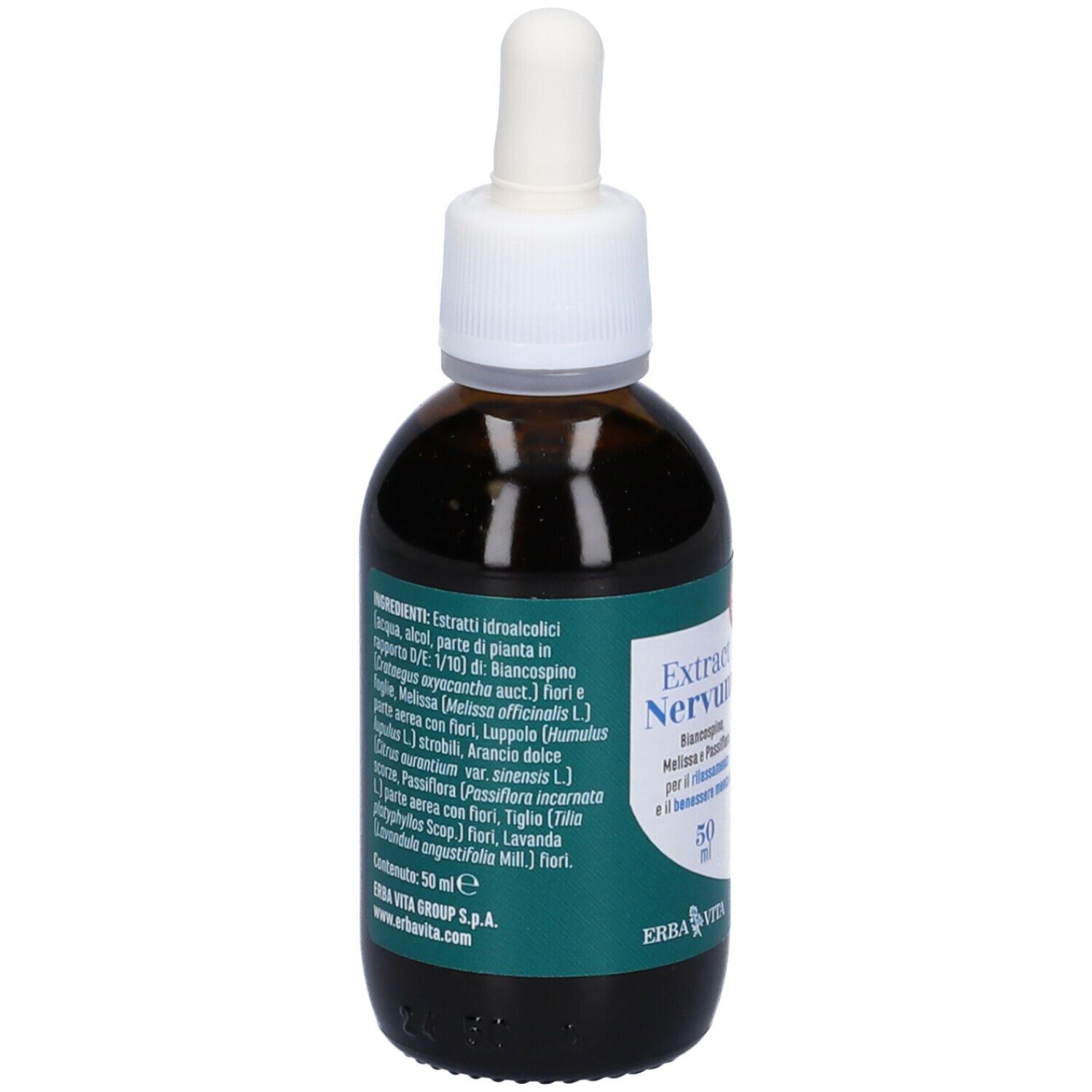 Flacone di vetro marrone con contagocce. Scritta: Extract Nervum, 50 ml. Marchio: Erba Vita. Elenco ingredienti.