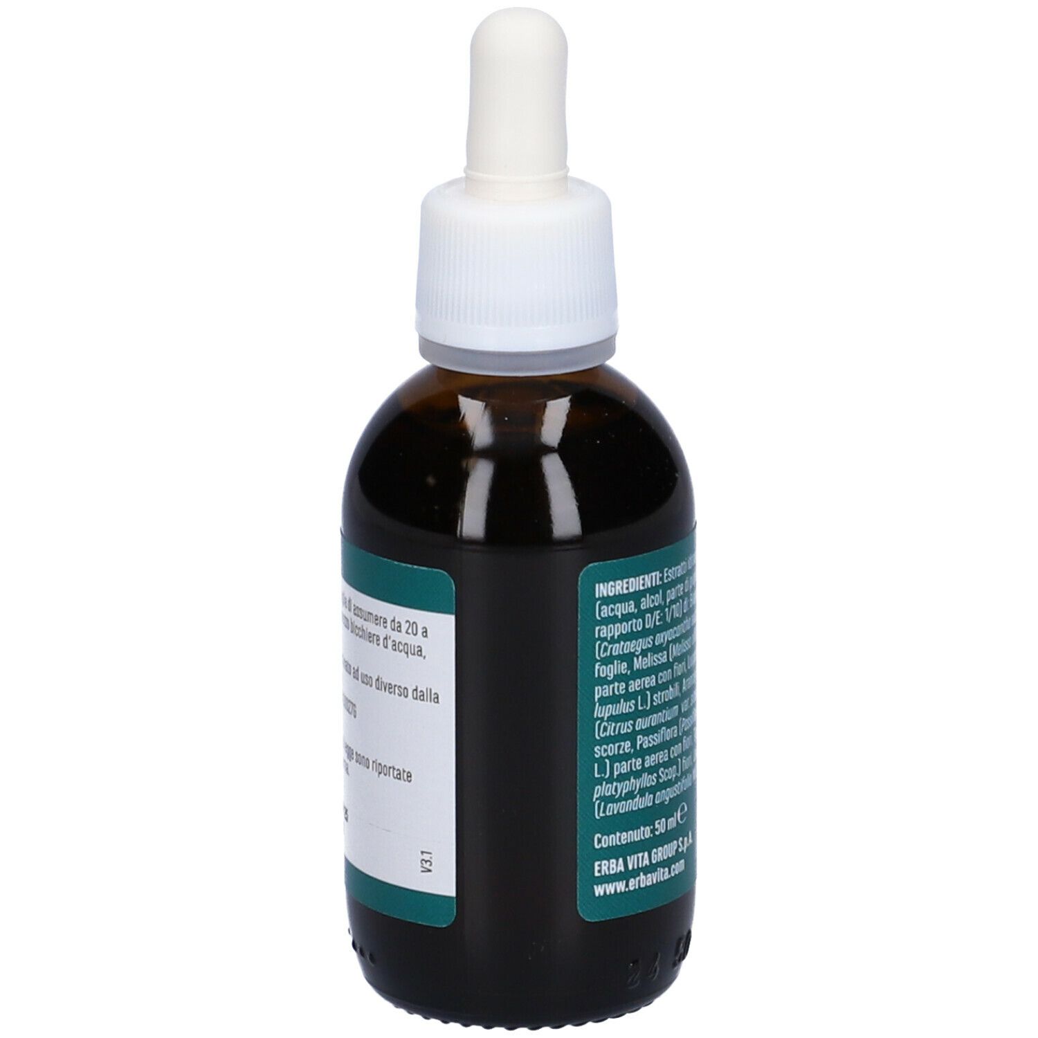 Flacone di vetro marrone con contagocce. Scritta: Extract Nervum, 50 ml. Marchio: Erba Vita. Elenco ingredienti.