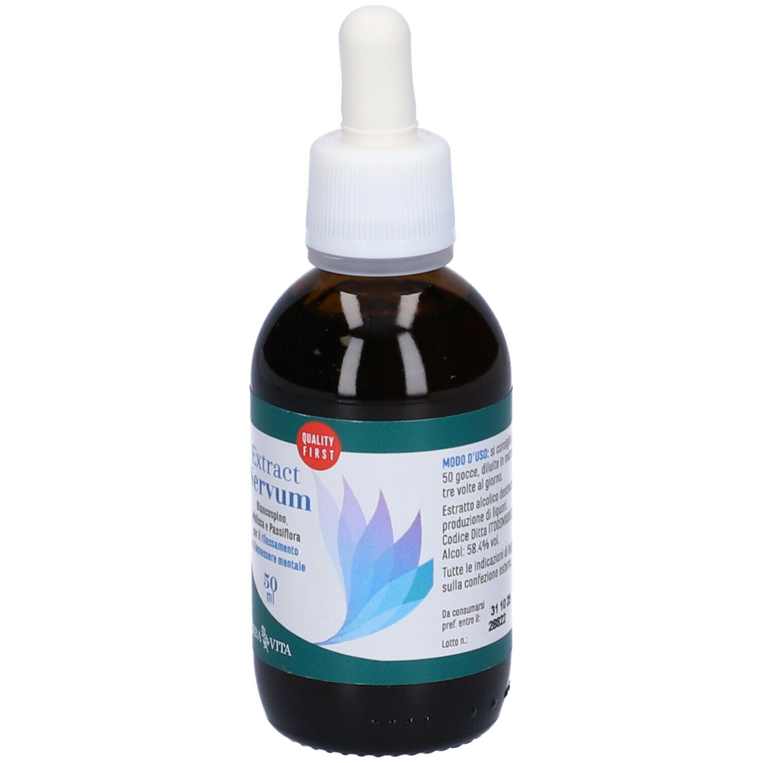 Flacone di vetro marrone con contagocce. Scritta: Extract Nervum, 50 ml. Marchio: Erba Vita. Marchio di qualità.