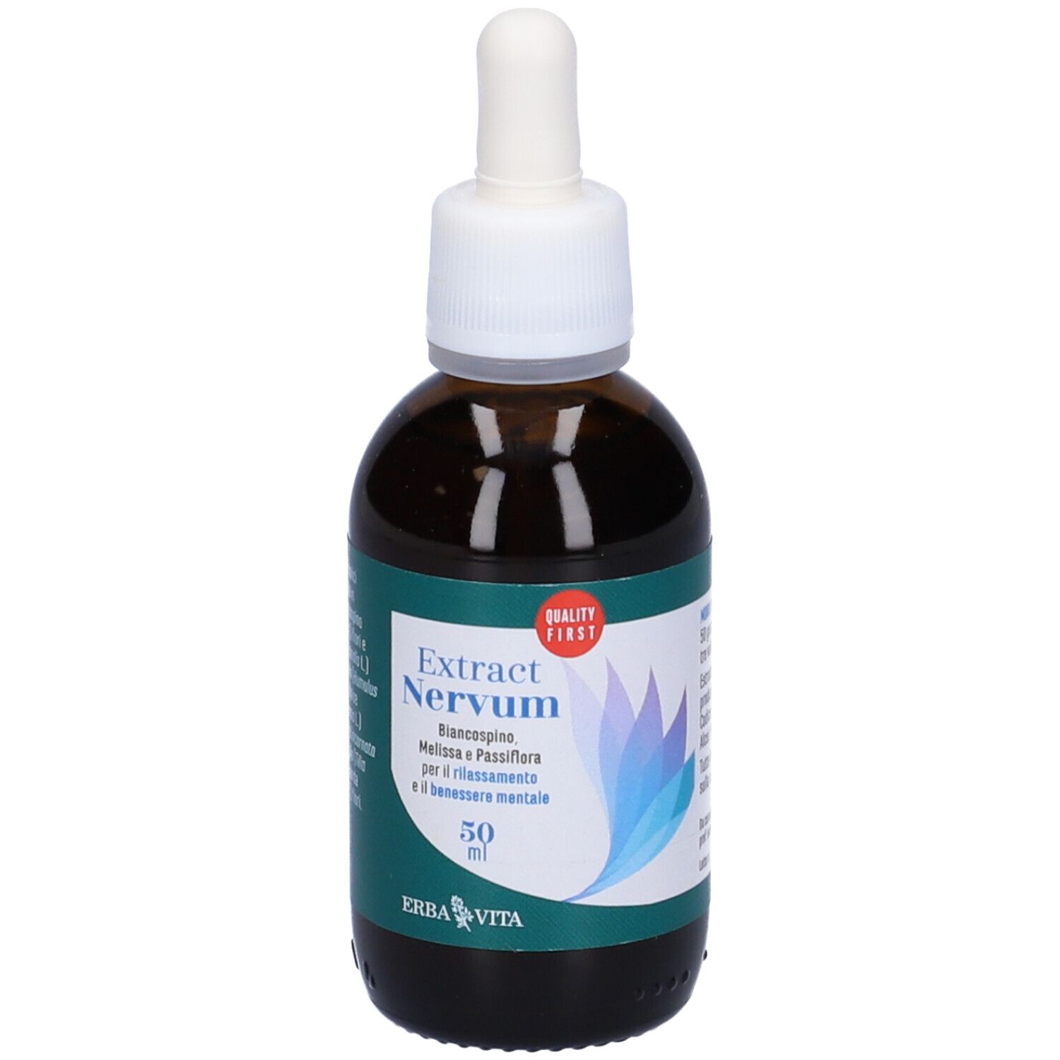 Flacone di vetro marrone con contagocce. Scritta: Extract Nervum, 50 ml. Marchio: Erba Vita. Marchio di qualità.
