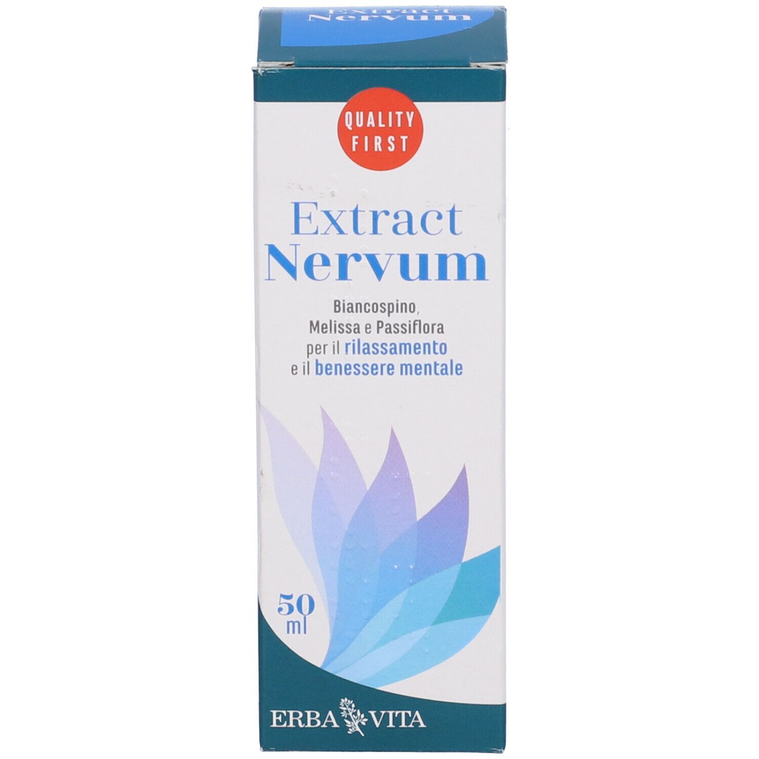 Confezione con scritta: Extract Nervum, 50 ml. Marchio: Erba Vita. Marchio di qualità.
