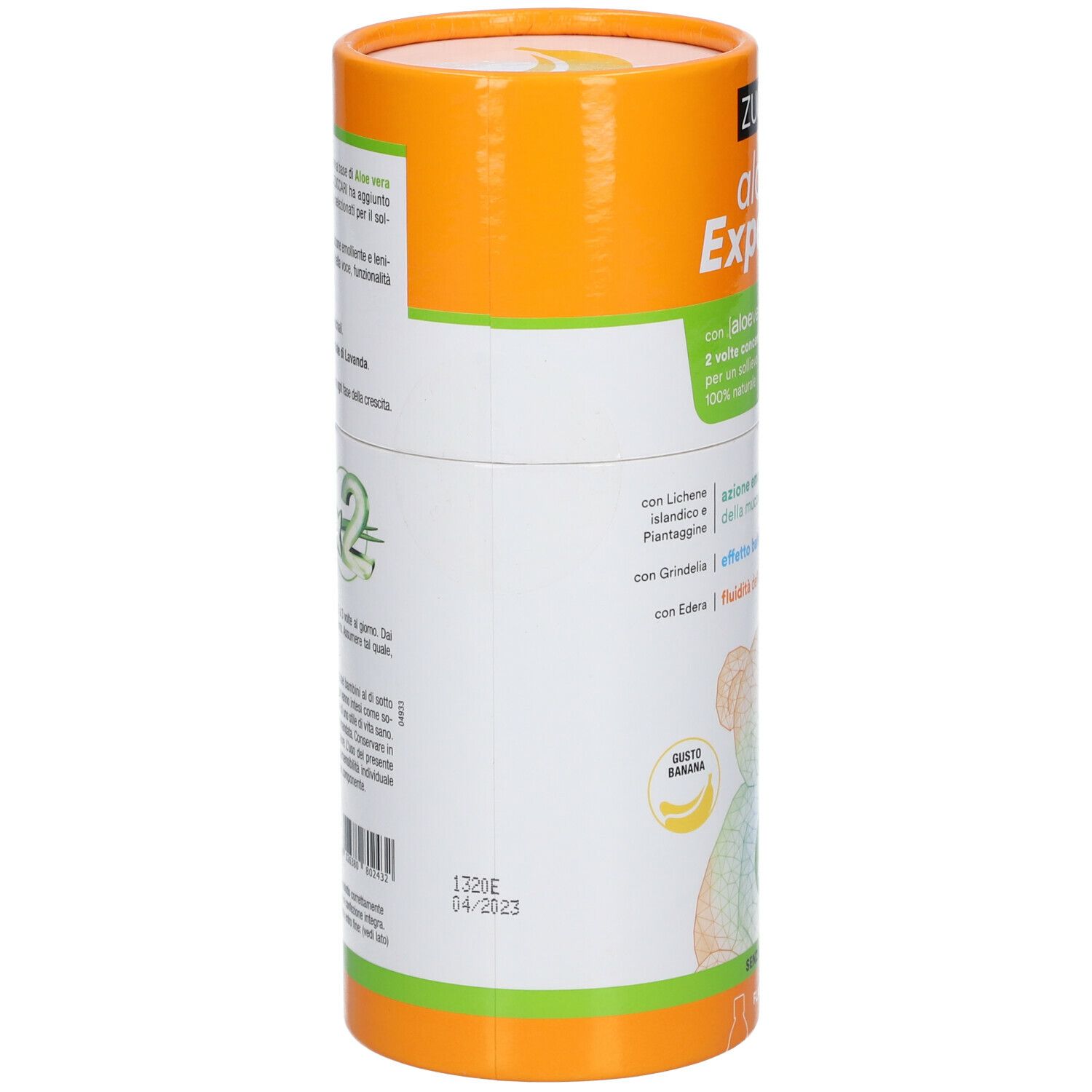 Confezione cilindrica Zuccari Aloe Expertuss® Bambini. Arancione e bianca. Testo: Gusto banana. Codice a barre e data di scadenza.
