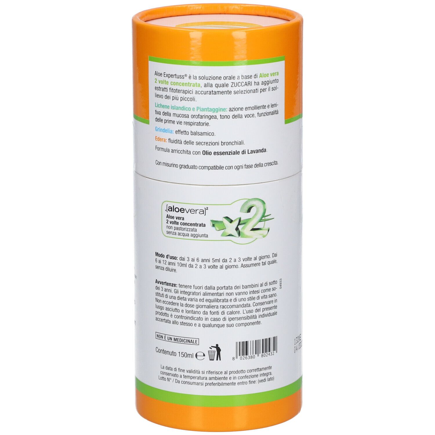 Confezione cilindrica Zuccari Aloe Expertuss® Bambini. Testo: Aloe Vera, ingredienti, istruzioni per l'uso, avvertenze, 150 ml.