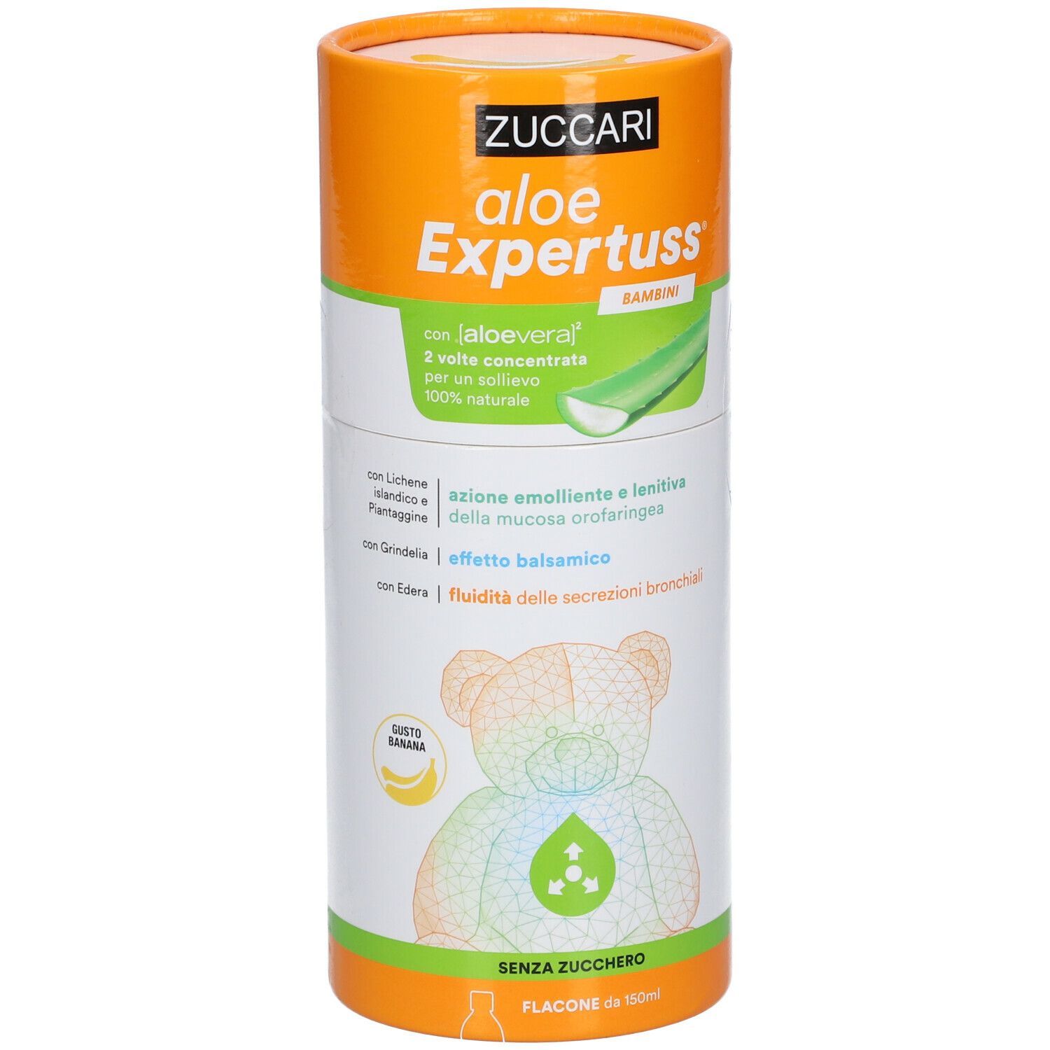 Confezione cilindrica Zuccari Aloe Expertuss® Bambini. Arancione e bianca. Illustrazione orsetto. Testo: Aloe Vera, senza zucchero, gusto banana.