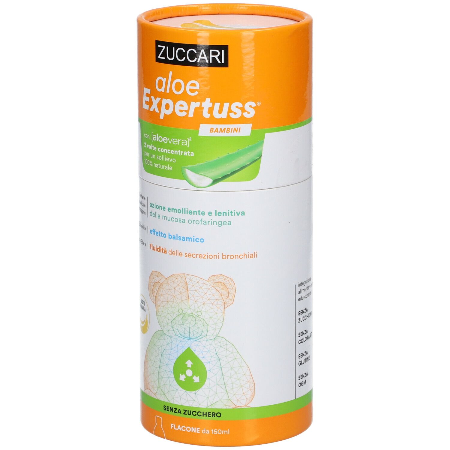 Confezione cilindrica Zuccari Aloe Expertuss® Bambini. Arancione e bianca. Illustrazione orsetto. Testo: Aloe Vera, senza zucchero, gusto banana.