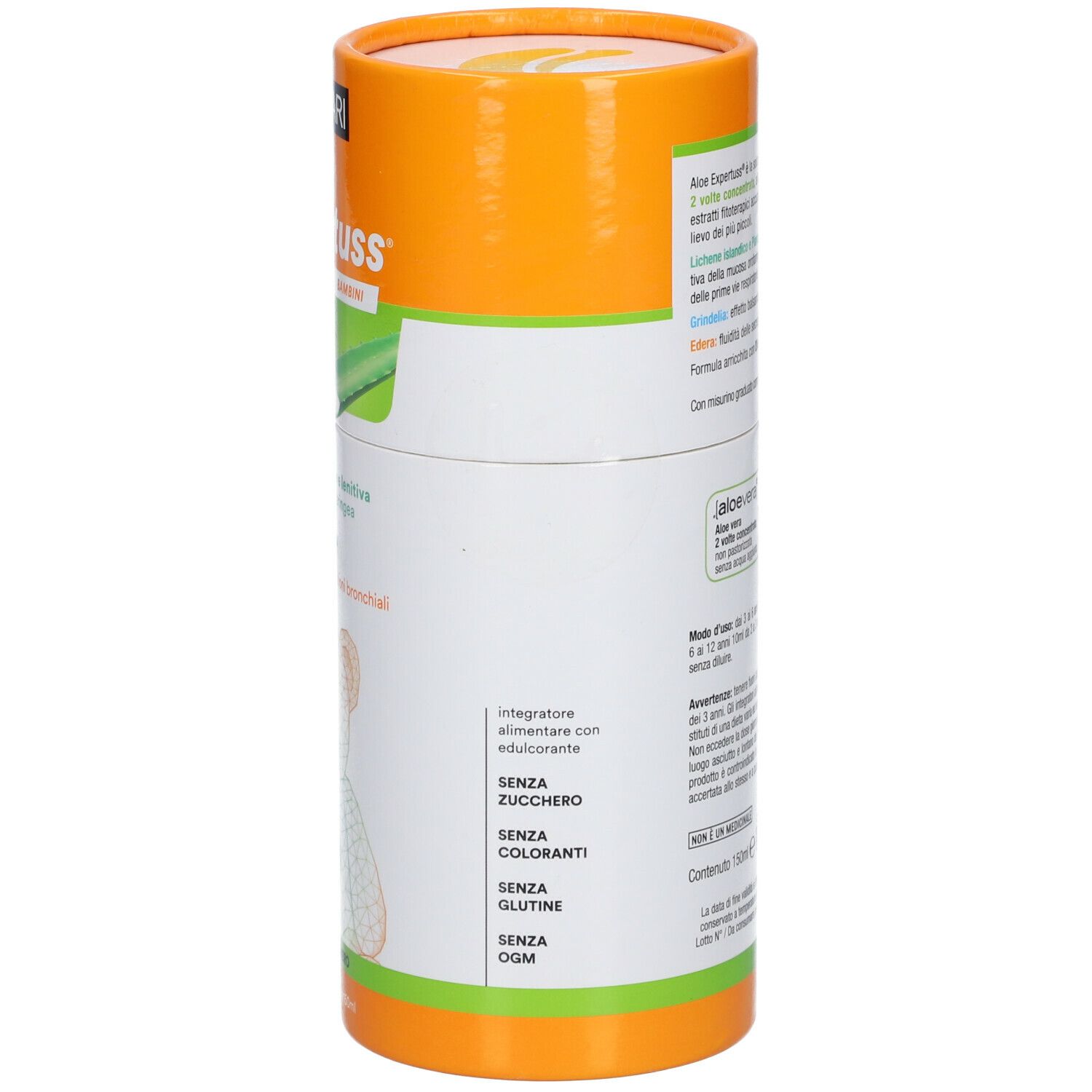Confezione cilindrica Zuccari Aloe Expertuss® Bambini. Testo: Senza zucchero, coloranti, glutine, OGM. Informazioni aggiuntive.