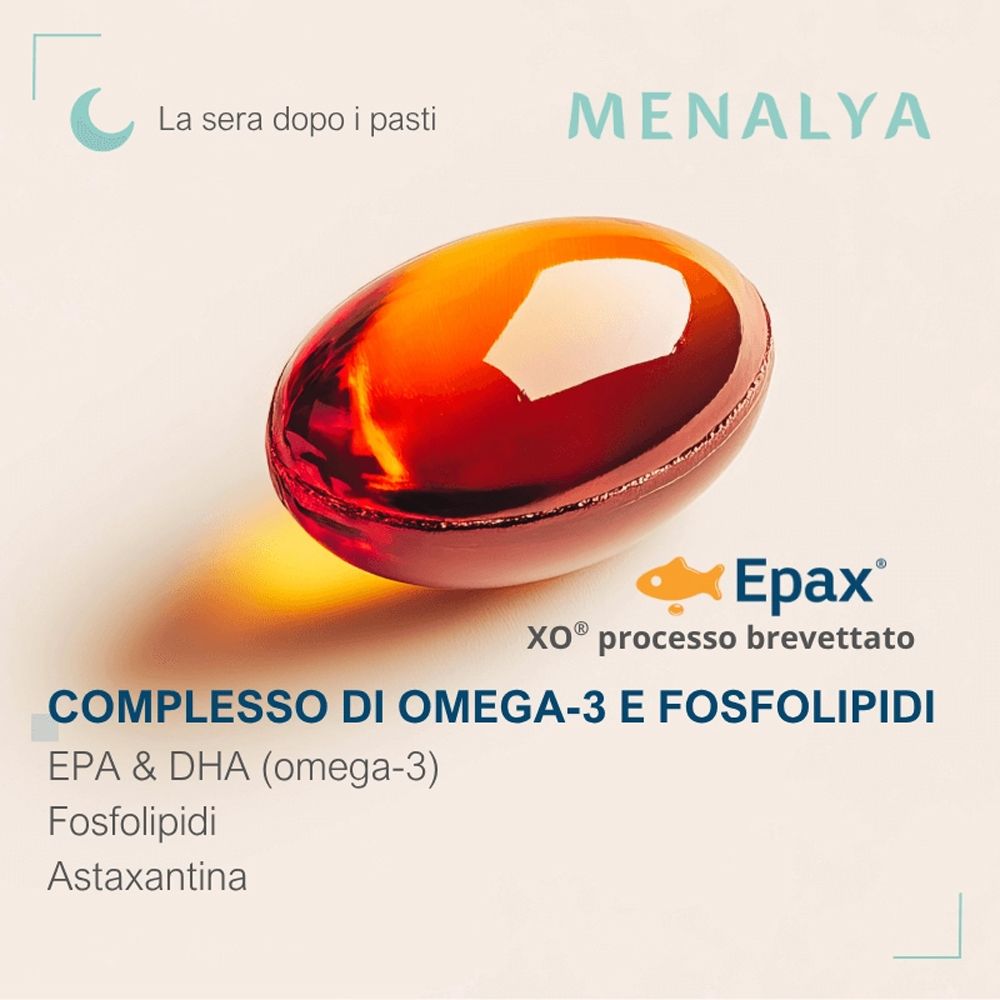 Capsula Menalya. Contiene omega-3 e fosfolipidi. EPA & DHA, astaxantina. Da prendere la sera.