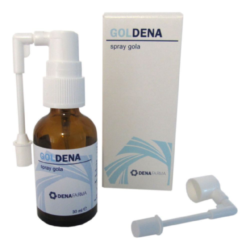 Flacone di vetro marrone con vaporizzatore bianco e scatola. Scritta: GOLDENA spray gola. Incluso un applicatore.