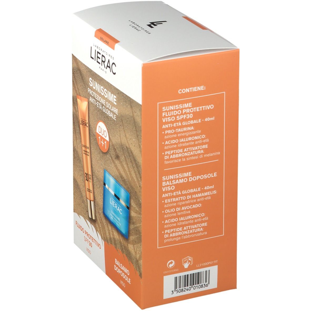 Vista laterale confezione LIERAC SUNISSIME DUO 1+1 viso. Informazioni prodotto e ingredienti in italiano.