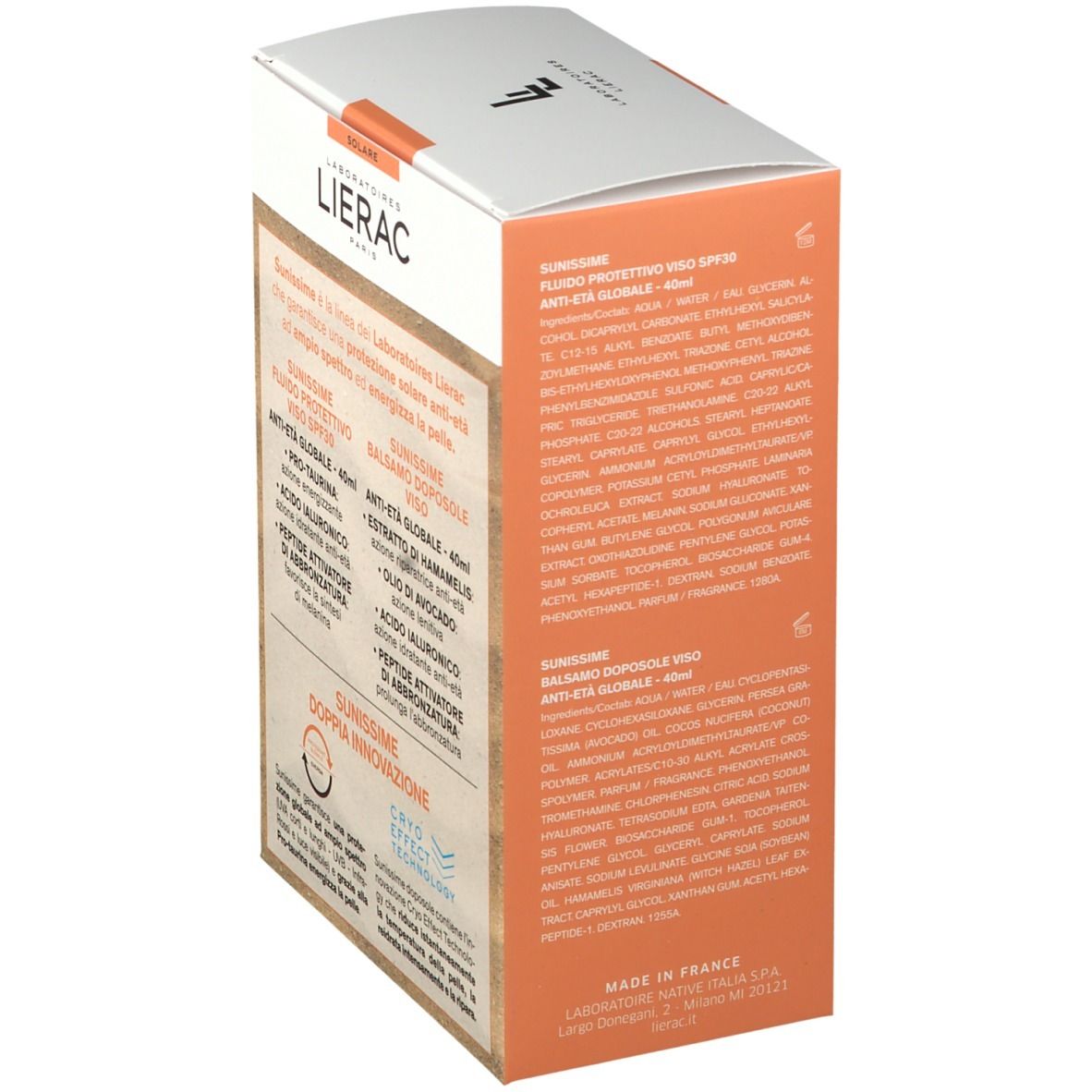 Vista laterale della confezione LIERAC SUNISSIME DUO 1+1 viso. Sezioni di testo con informazioni e ingredienti.