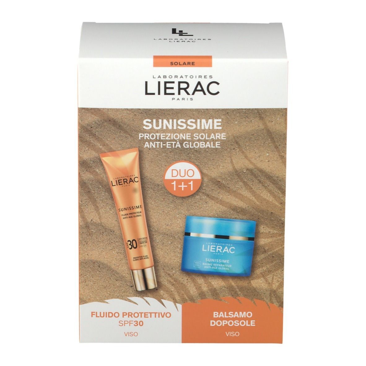 Confezione LIERAC SUNISSIME DUO 1+1 viso. Contiene un tubo di crema solare e un vasetto di crema. Scritta visibile.