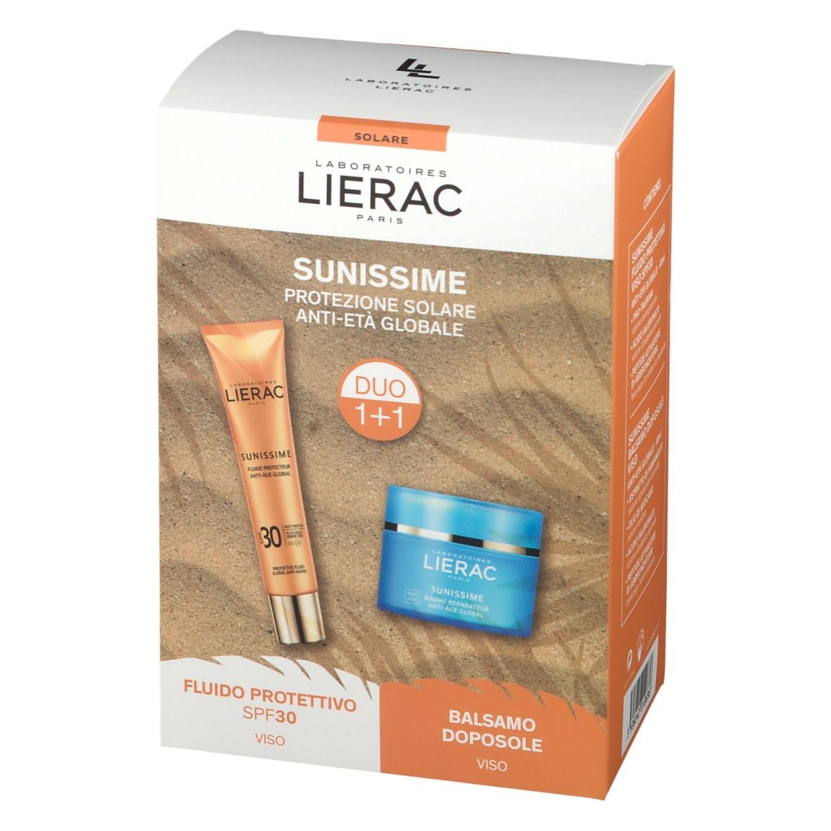Confezione LIERAC SUNISSIME DUO 1+1 viso. Contiene un tubo di crema solare e un vasetto di crema. Scritta visibile.