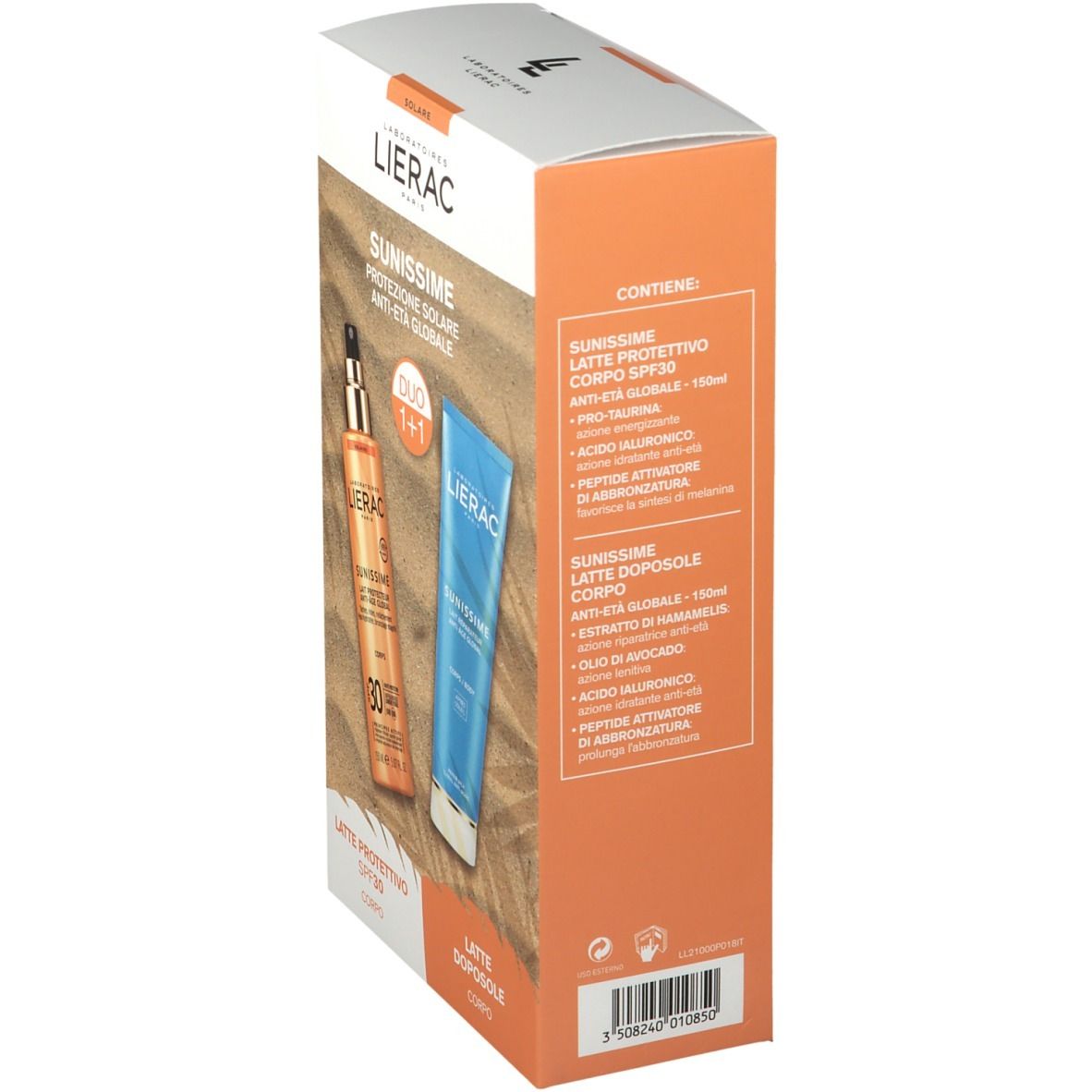 Confezione LIERAC SUNISSIME. Sul lato: ingredienti e informazioni sul prodotto. Scritte: SUNISSIME, Latte Protettivo, Latte Doposole.