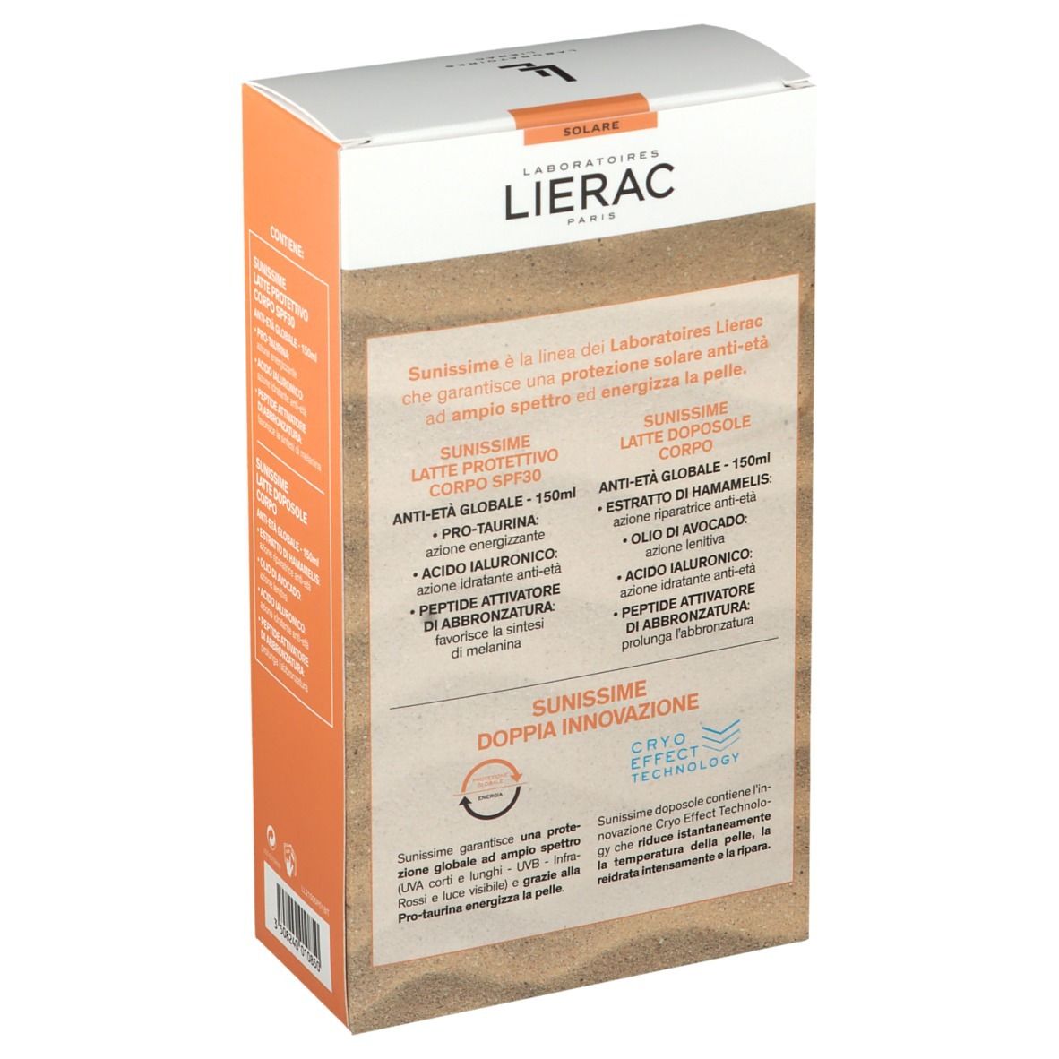 Retro della confezione LIERAC SUNISSIME. Scritte: SUNISSIME, Latte Protettivo, Latte Doposole, ingredienti, Cryo Effect Technology.