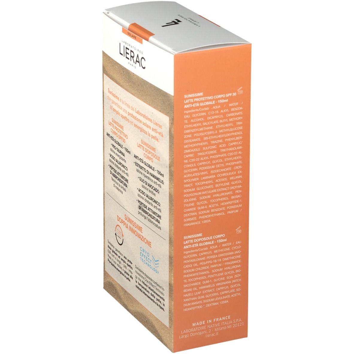 Lato della confezione LIERAC SUNISSIME. Scritte: SUNISSIME, Latte Protettivo, Latte Doposole, ingredienti, informazioni produttore.