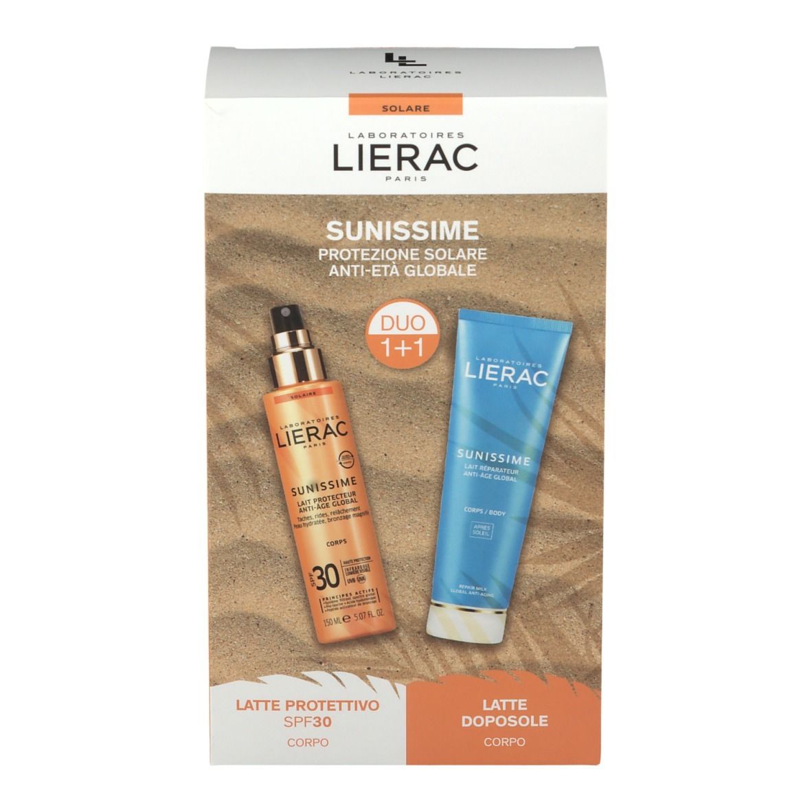 Confezione LIERAC SUNISSIME con spray e tubo. Scritte: SUNISSIME, DUO 1+1, Latte Protettivo SPF30, Latte Doposole.