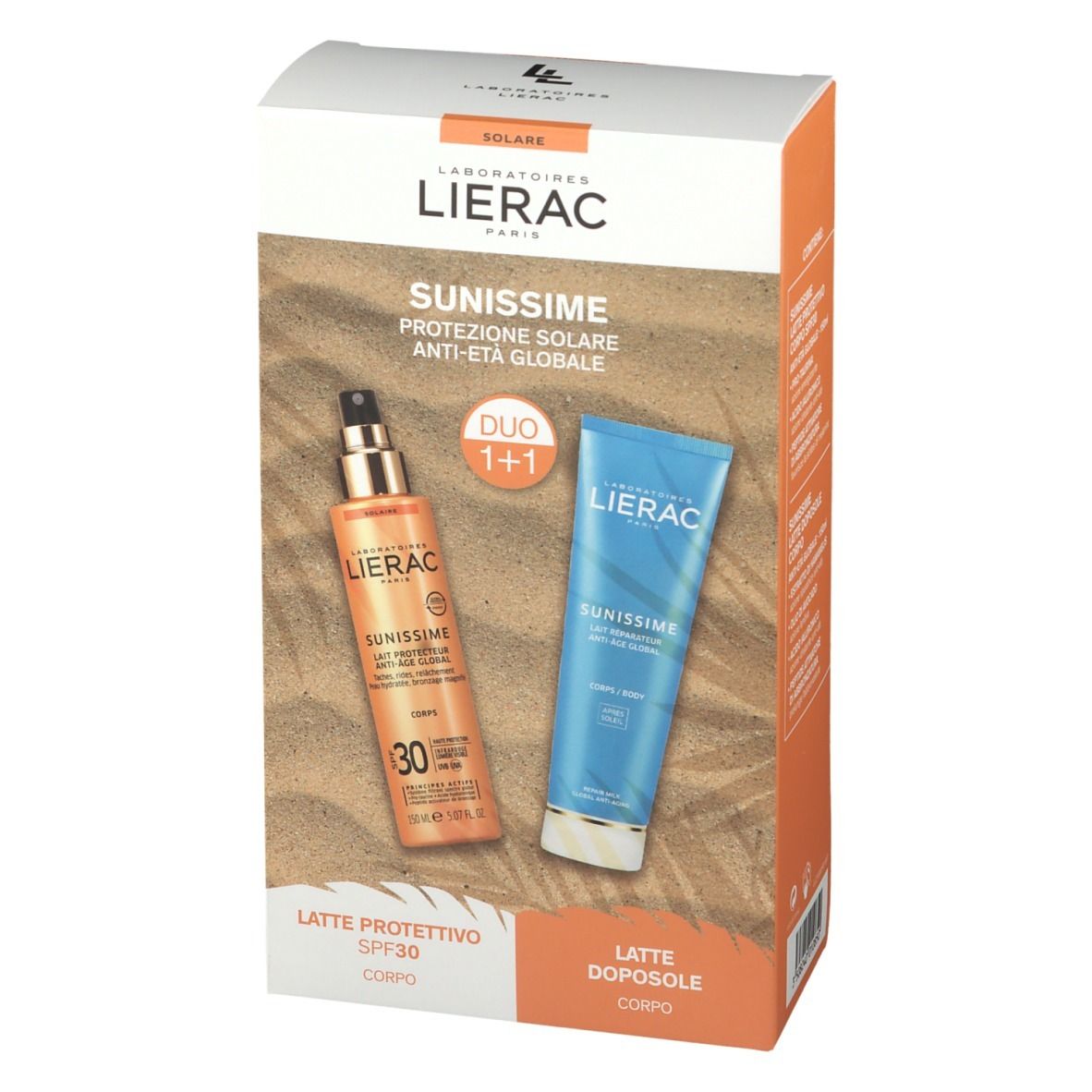 Confezione LIERAC SUNISSIME con spray e tubo. Scritte: SUNISSIME, DUO 1+1, Latte Protettivo SPF30, Latte Doposole.