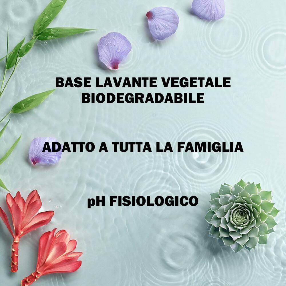 Testo su sfondo blu: BASE LAVANTE VEGETALE BIODEGRADABILE, ADATTO A TUTTA LA FAMIGLIA, pH FISIOLOGICO. Decorazione.