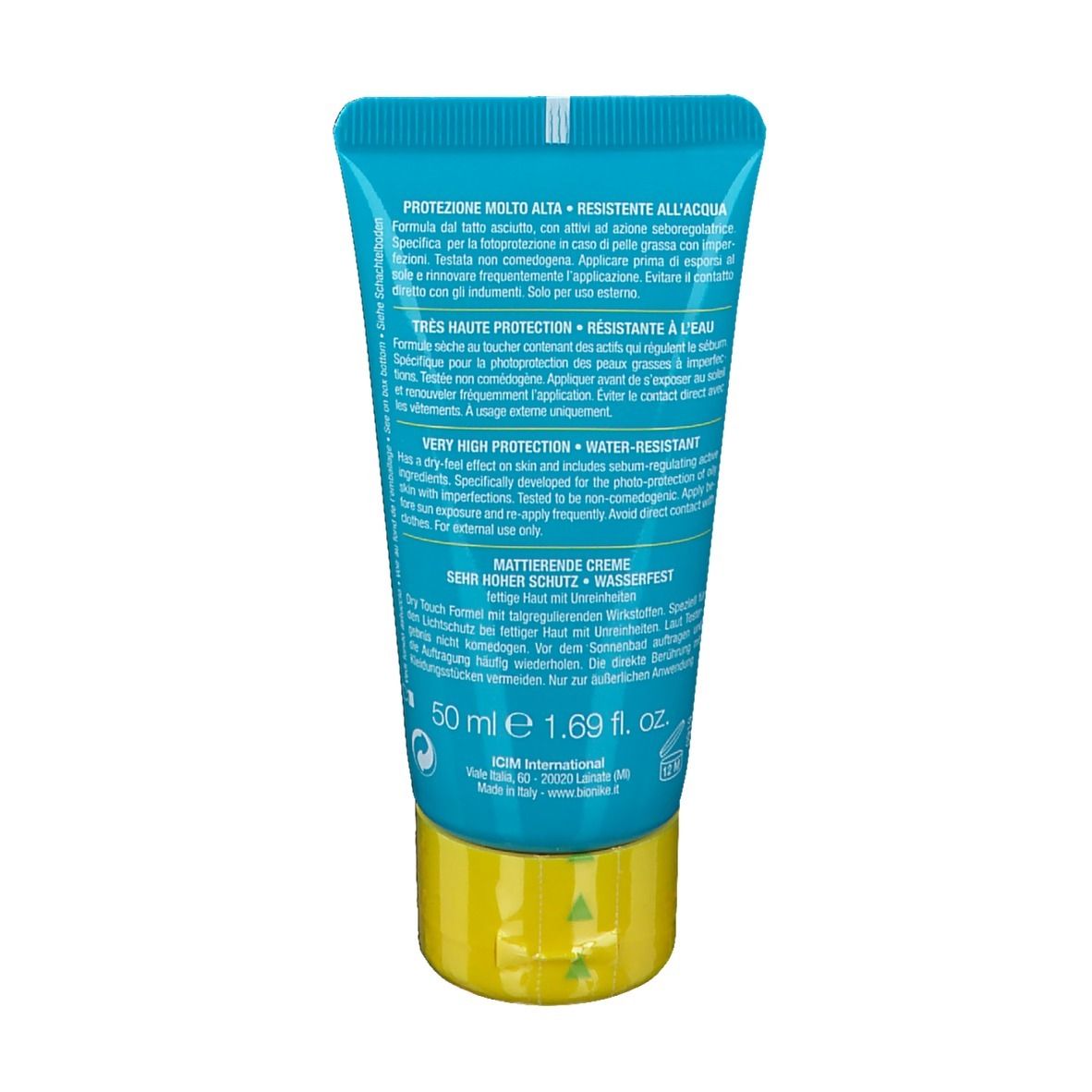 Retro del tubo turchese. Testo multilingue. Scritta: Crema Matt, Resistente all'acqua. Marca: BioNike.